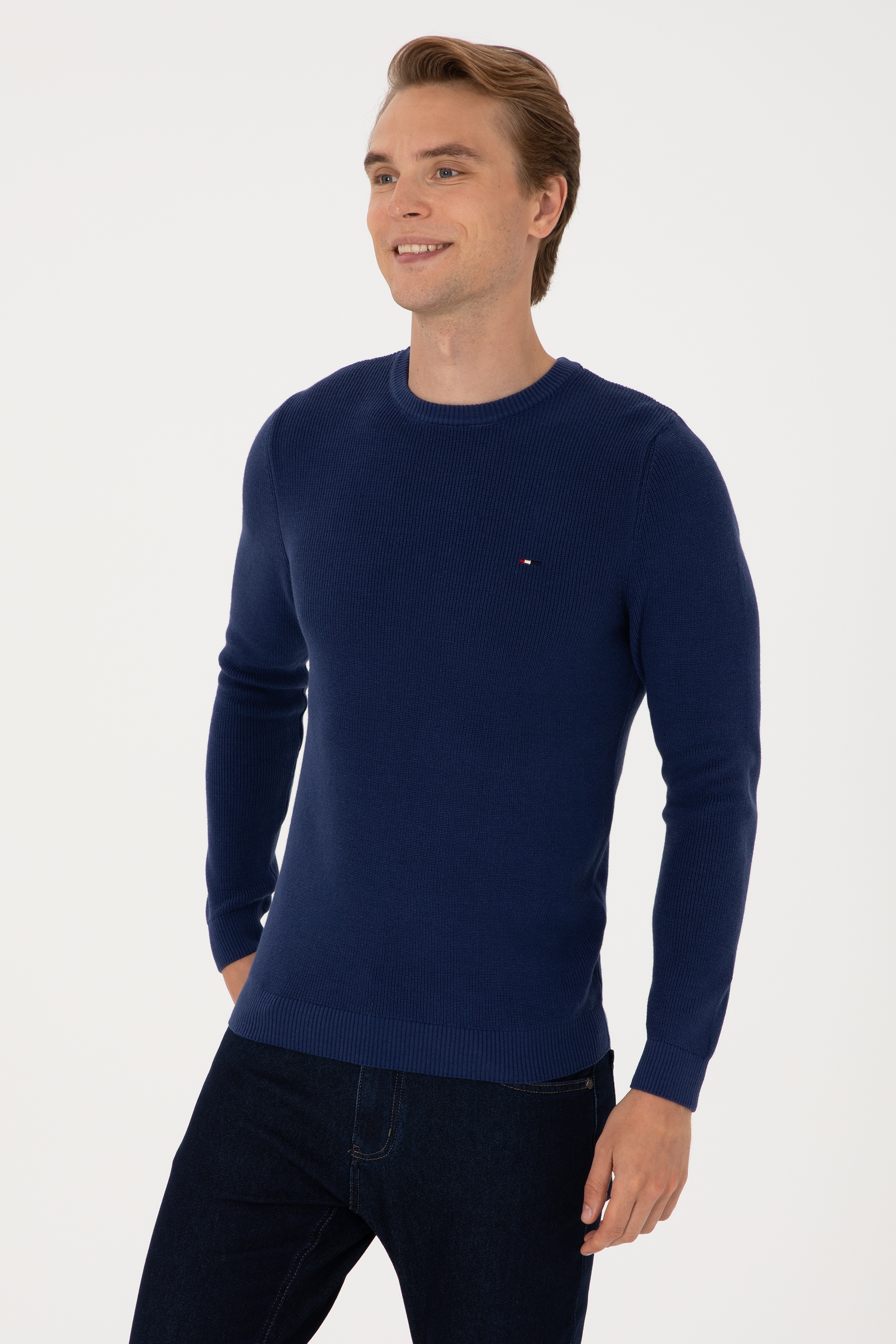 Erkek Slim Fit Bisiklet Yaka İndigo Basic Kazak