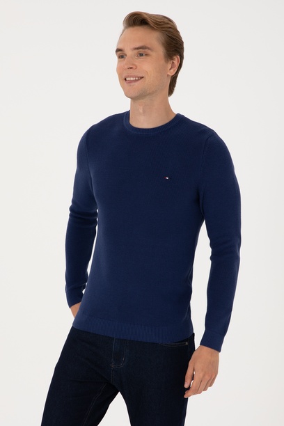 Erkek Slim Fit Bisiklet Yaka İndigo Basic Kazak