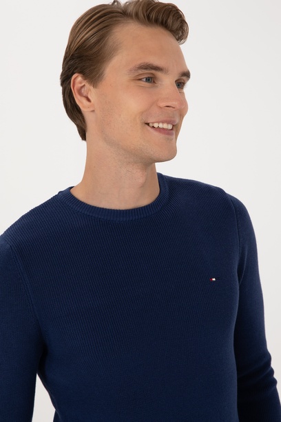 Erkek Slim Fit Bisiklet Yaka İndigo Basic Kazak