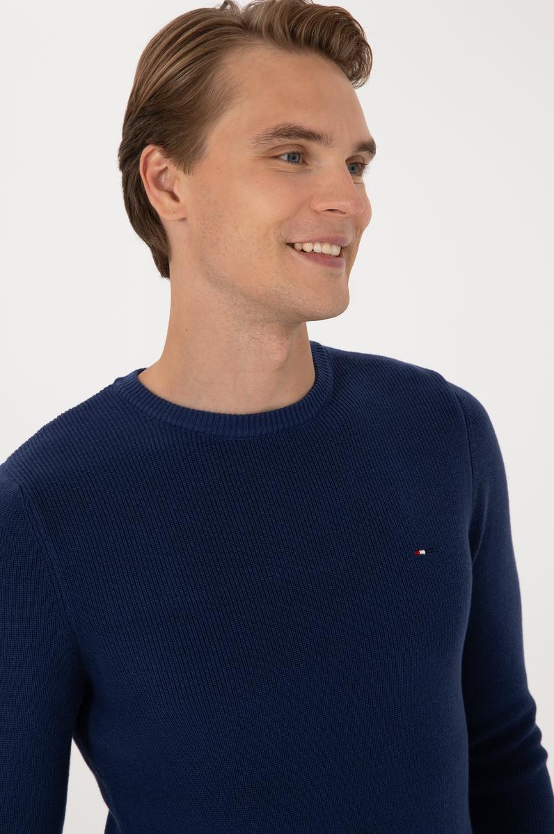 Erkek Slim Fit Bisiklet Yaka İndigo Basic Kazak