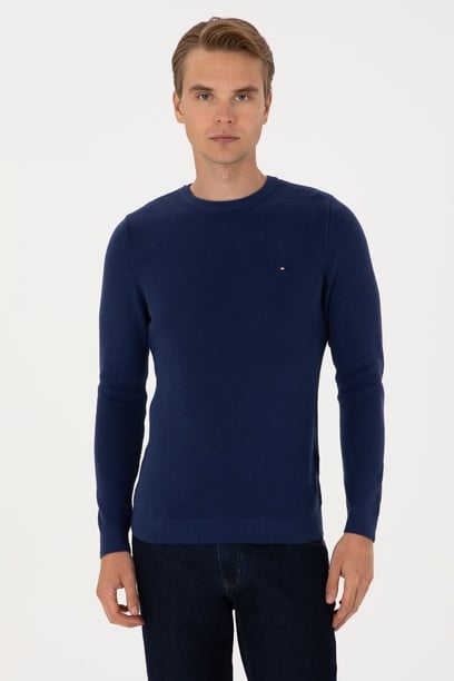 Erkek Slim Fit Bisiklet Yaka İndigo Basic Kazak