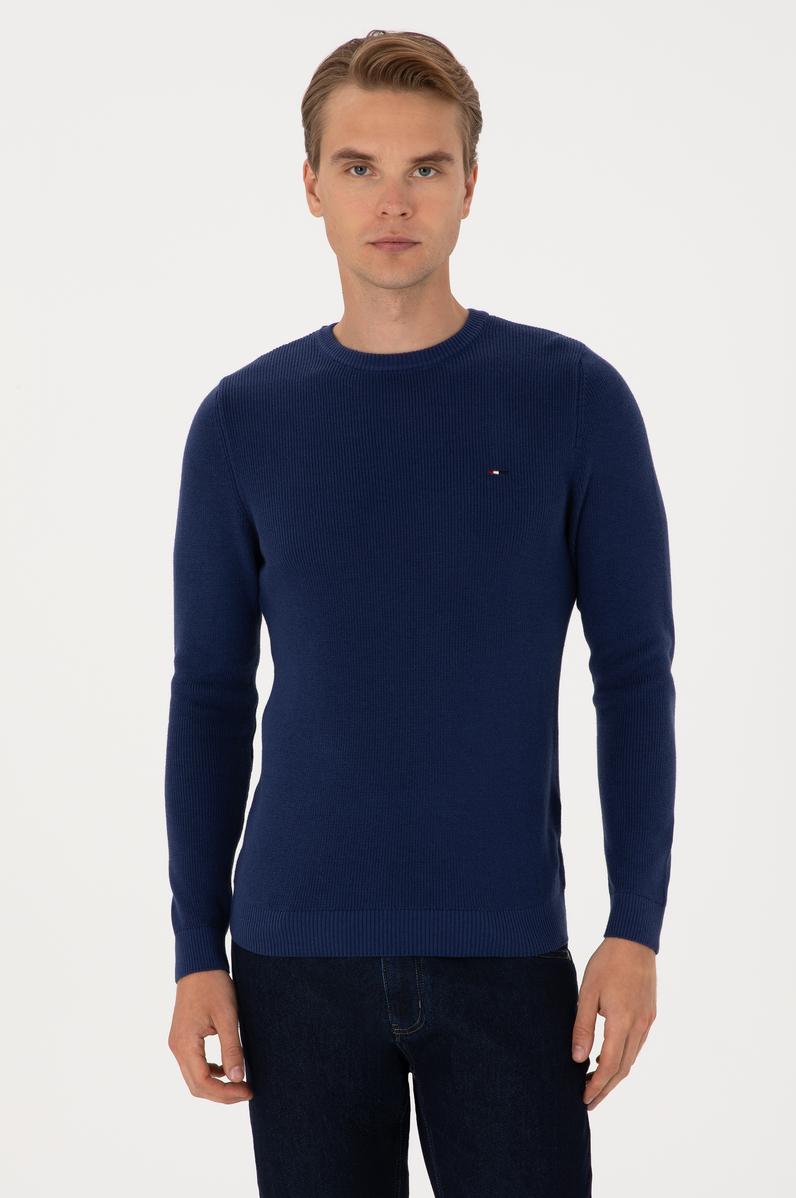 Erkek Slim Fit Bisiklet Yaka İndigo Basic Kazak