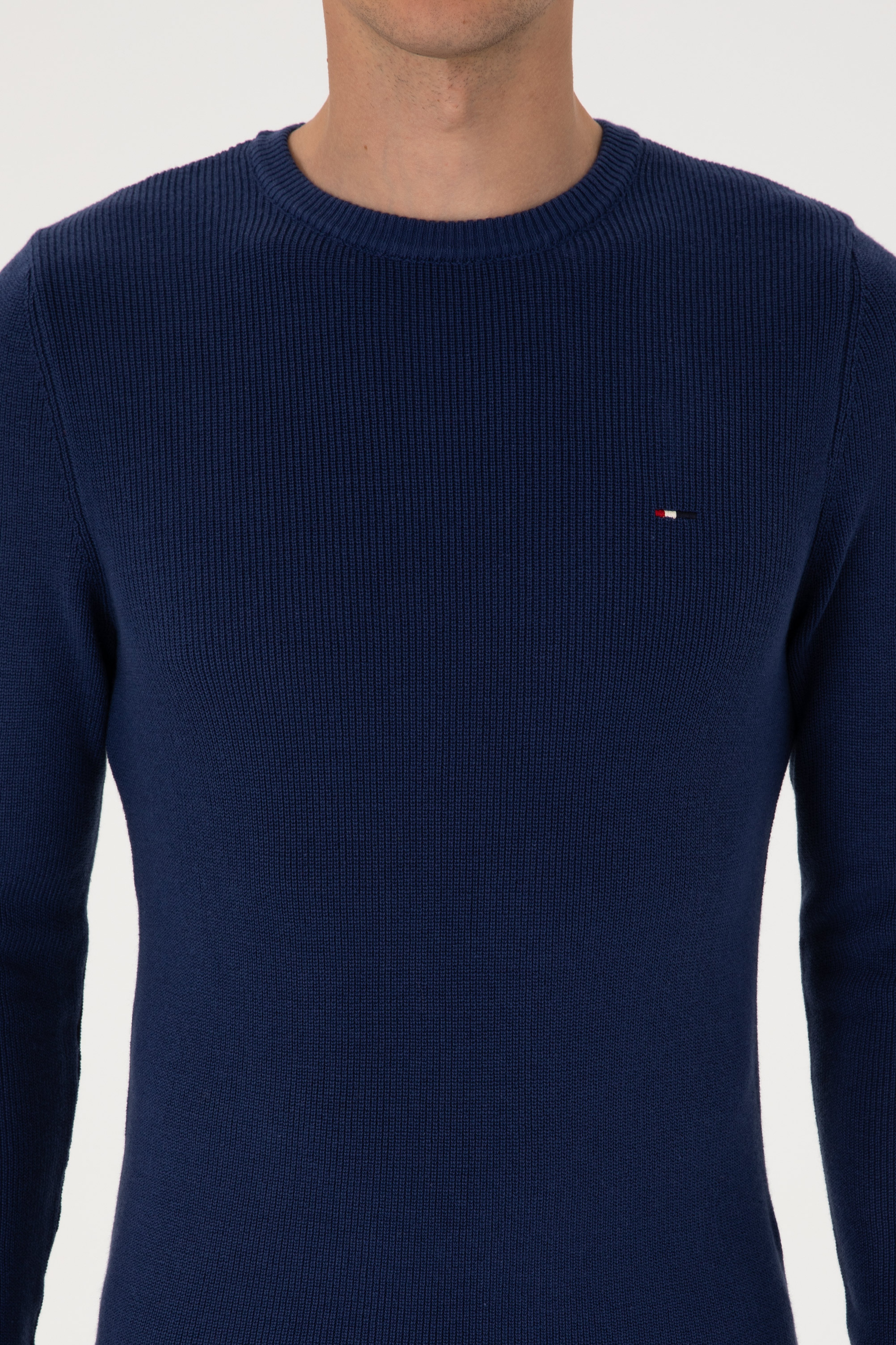 Erkek Slim Fit Bisiklet Yaka İndigo Basic Kazak