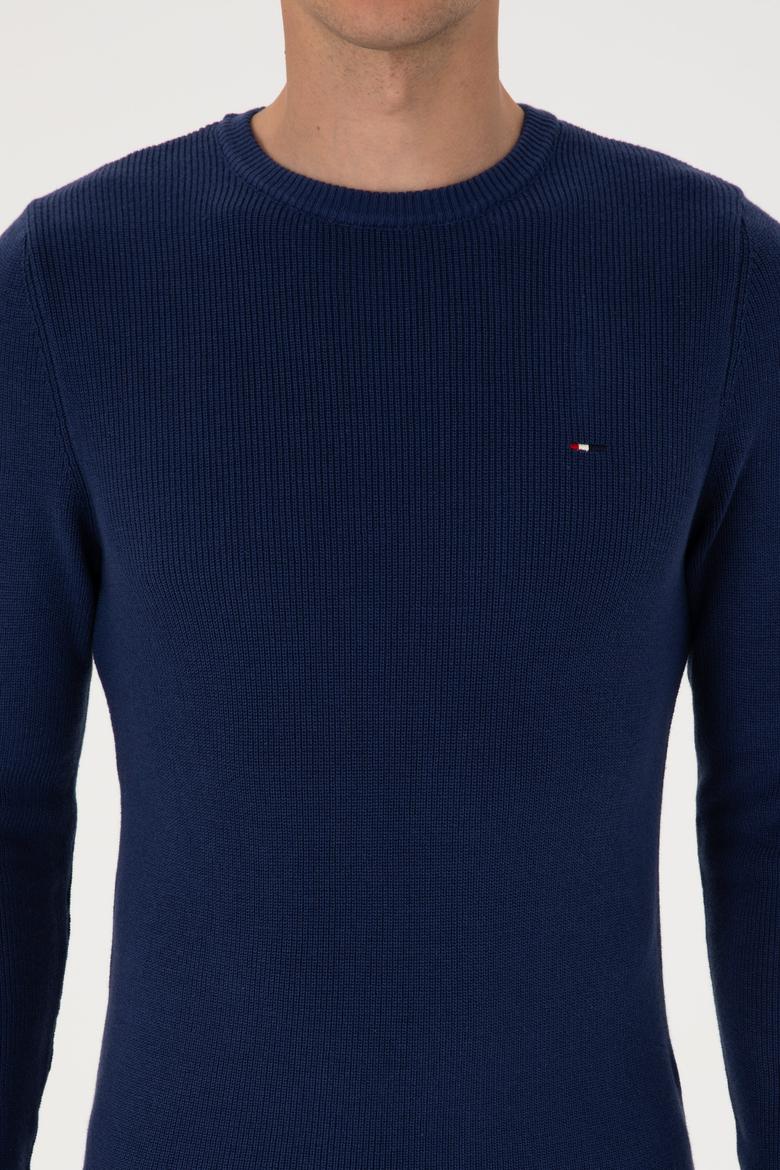 Erkek Slim Fit Bisiklet Yaka İndigo Basic Kazak - 50313667075