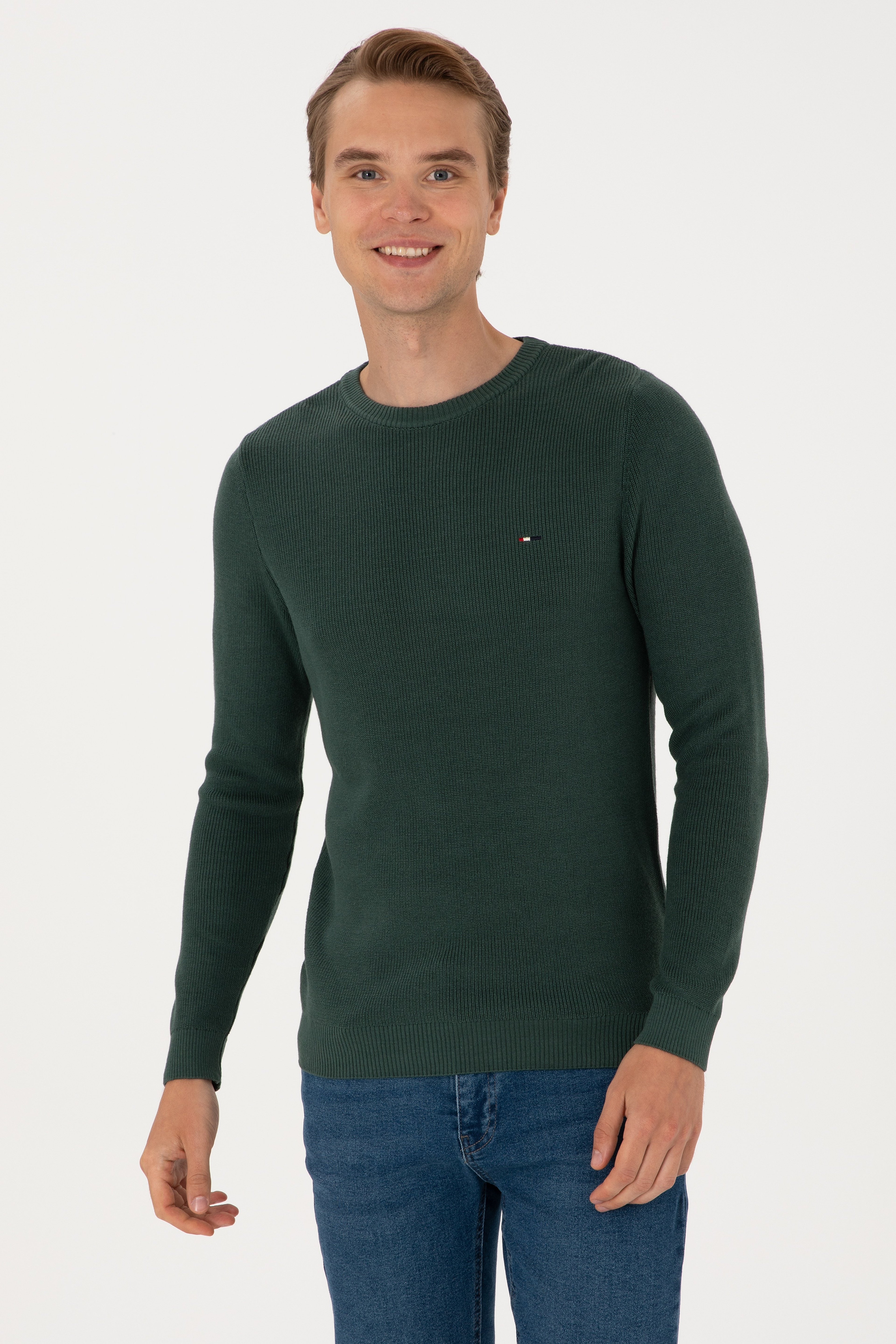 Erkek Slim Fit Bisiklet Yaka Koyu Yeşil Basic Kazak - Image 1