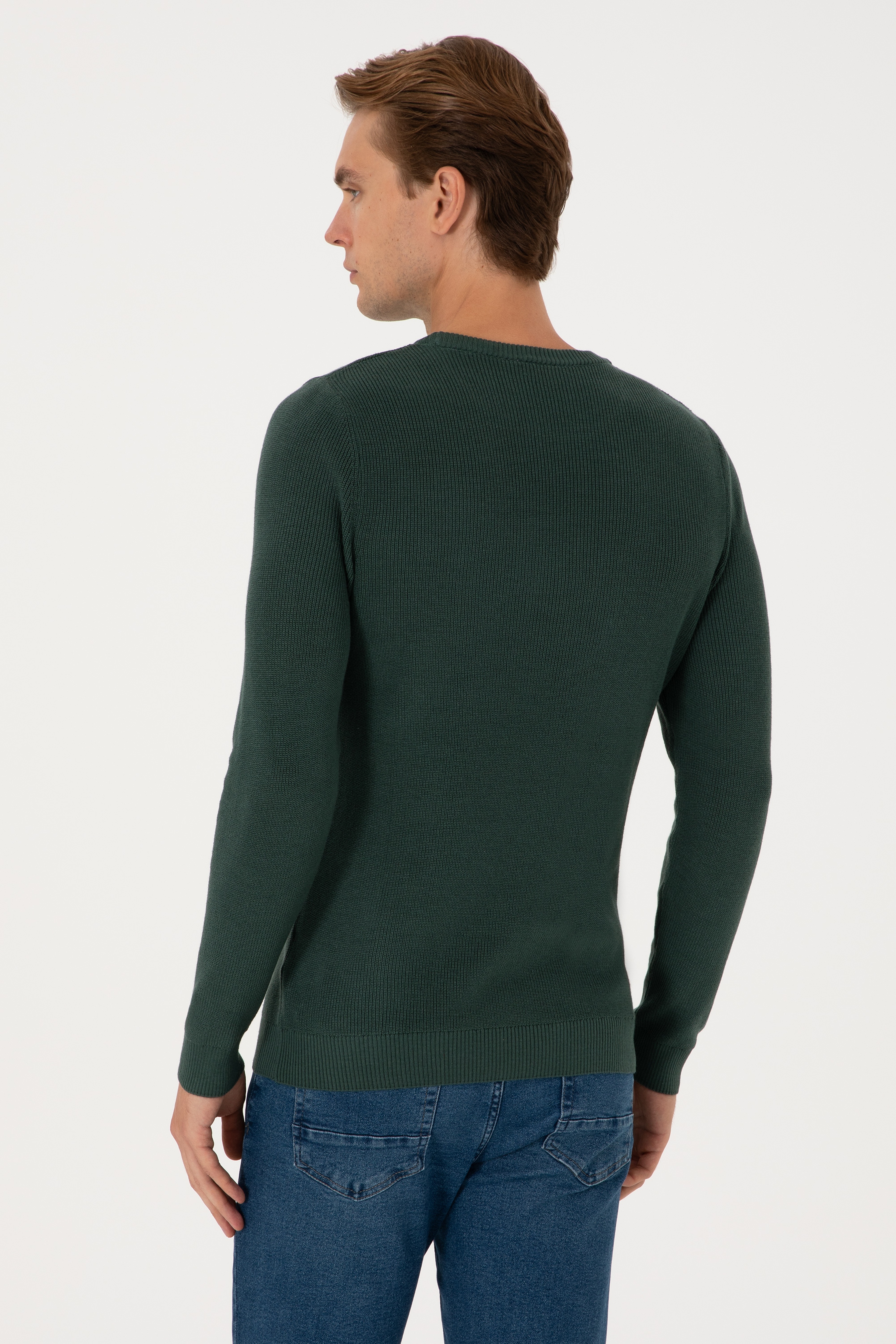 Erkek Slim Fit Bisiklet Yaka Koyu Yeşil Basic Kazak