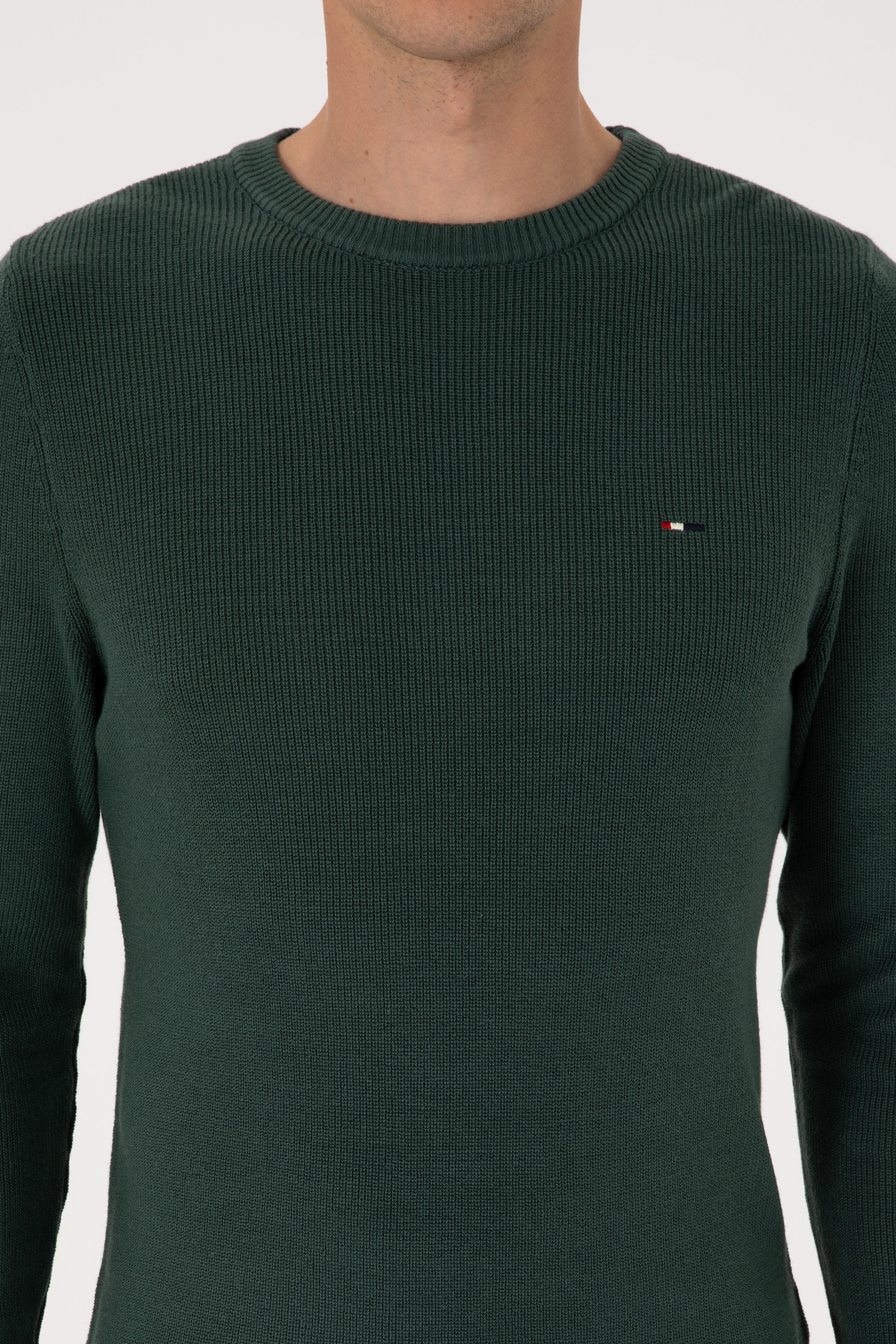 Erkek Slim Fit Bisiklet Yaka Koyu Yeşil Basic Kazak - Image 6