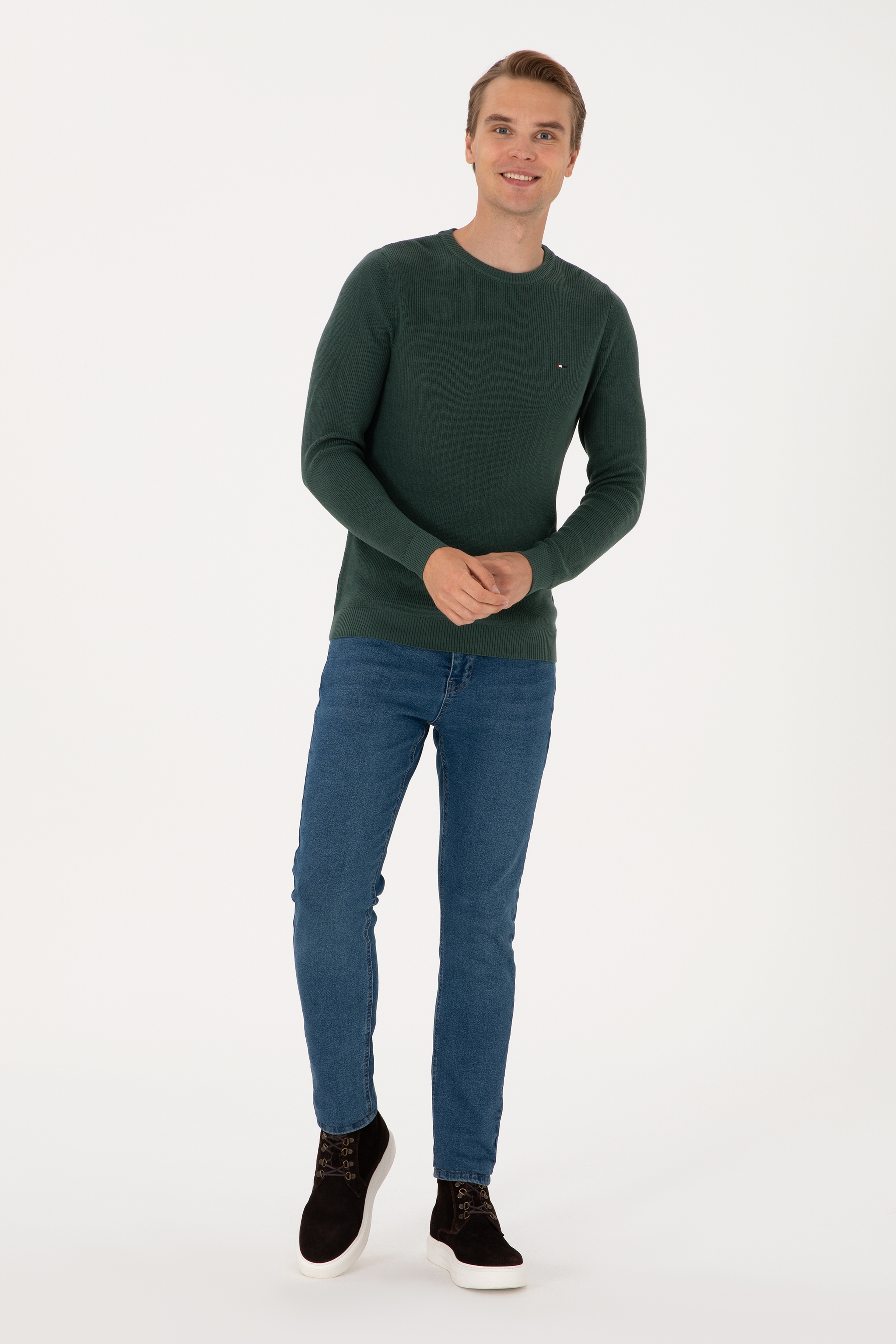 Erkek Slim Fit Bisiklet Yaka Koyu Yeşil Basic Kazak - Image 4