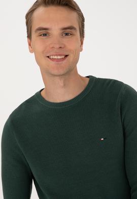 Erkek Slim Fit Bisiklet Yaka Koyu Yeşil Basic Kazak - 50313667032