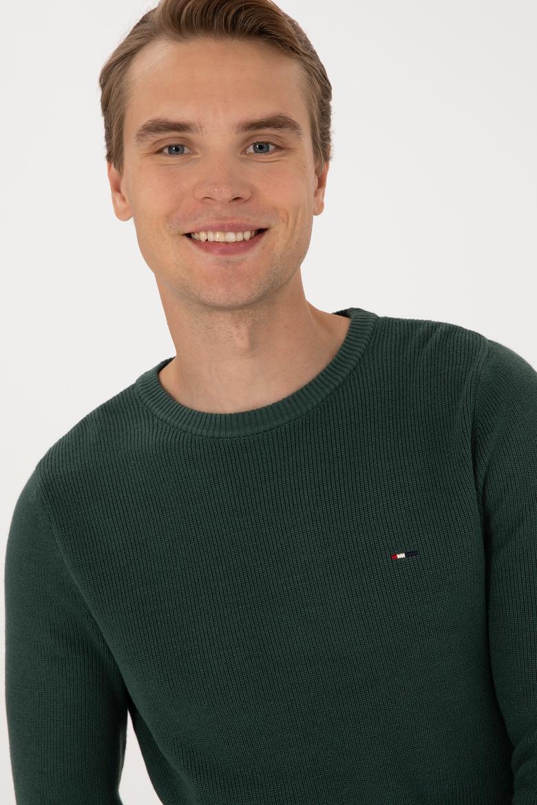 Erkek Slim Fit Bisiklet Yaka Koyu Yeşil Basic Kazak - 50313667032