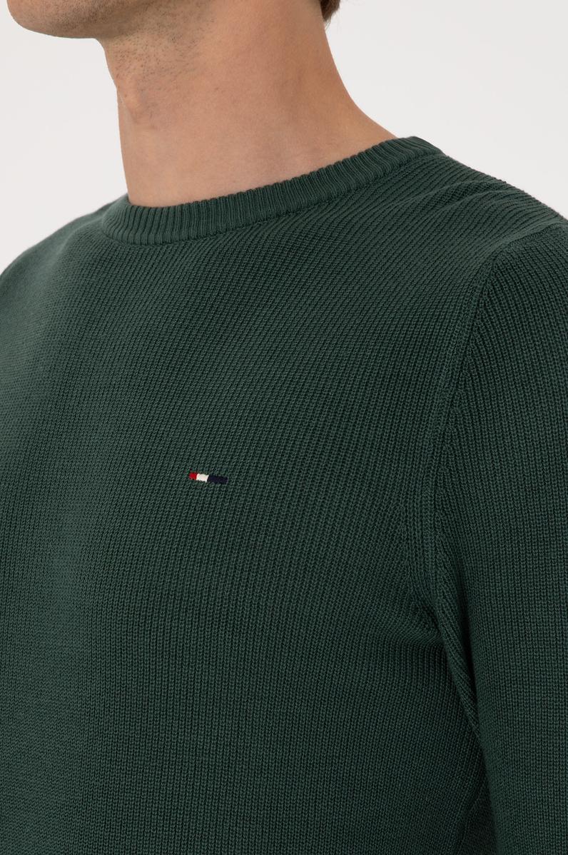 Erkek Slim Fit Bisiklet Yaka Koyu Yeşil Basic Kazak