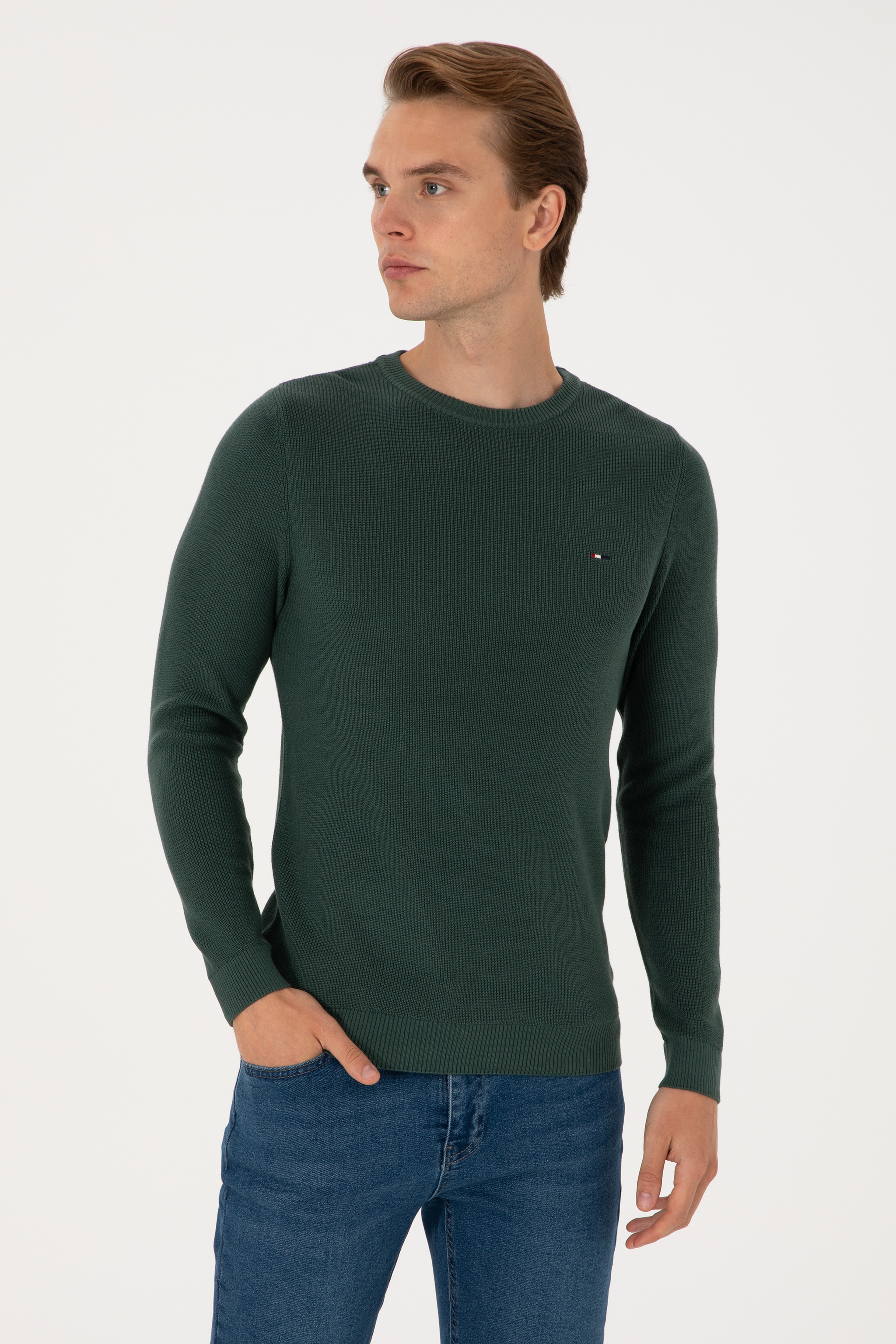 Erkek Slim Fit Bisiklet Yaka Koyu Yeşil Basic Kazak - Image 3