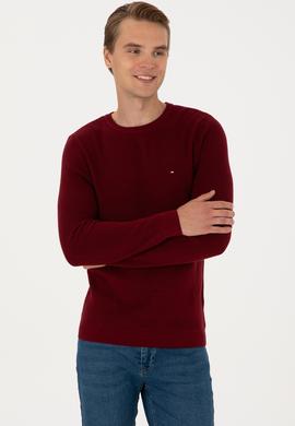 Erkek Slim Fit Bisiklet Yaka Bordo Basic Kazak - 50313667001