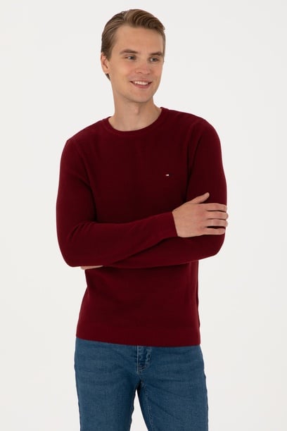 Erkek Slim Fit Bisiklet Yaka Bordo Basic Kazak