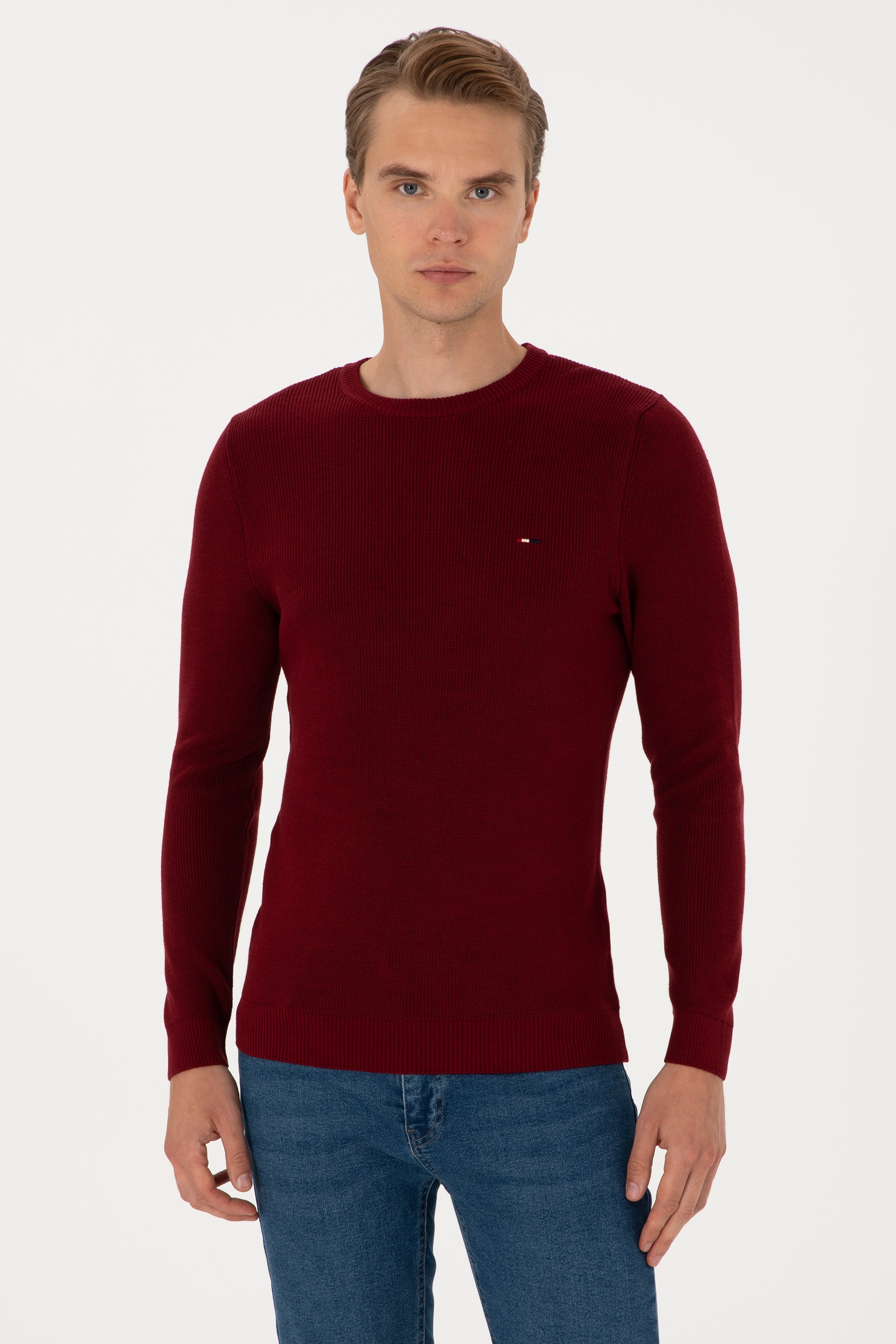 Erkek Slim Fit Bisiklet Yaka Bordo Basic Kazak - Image 1