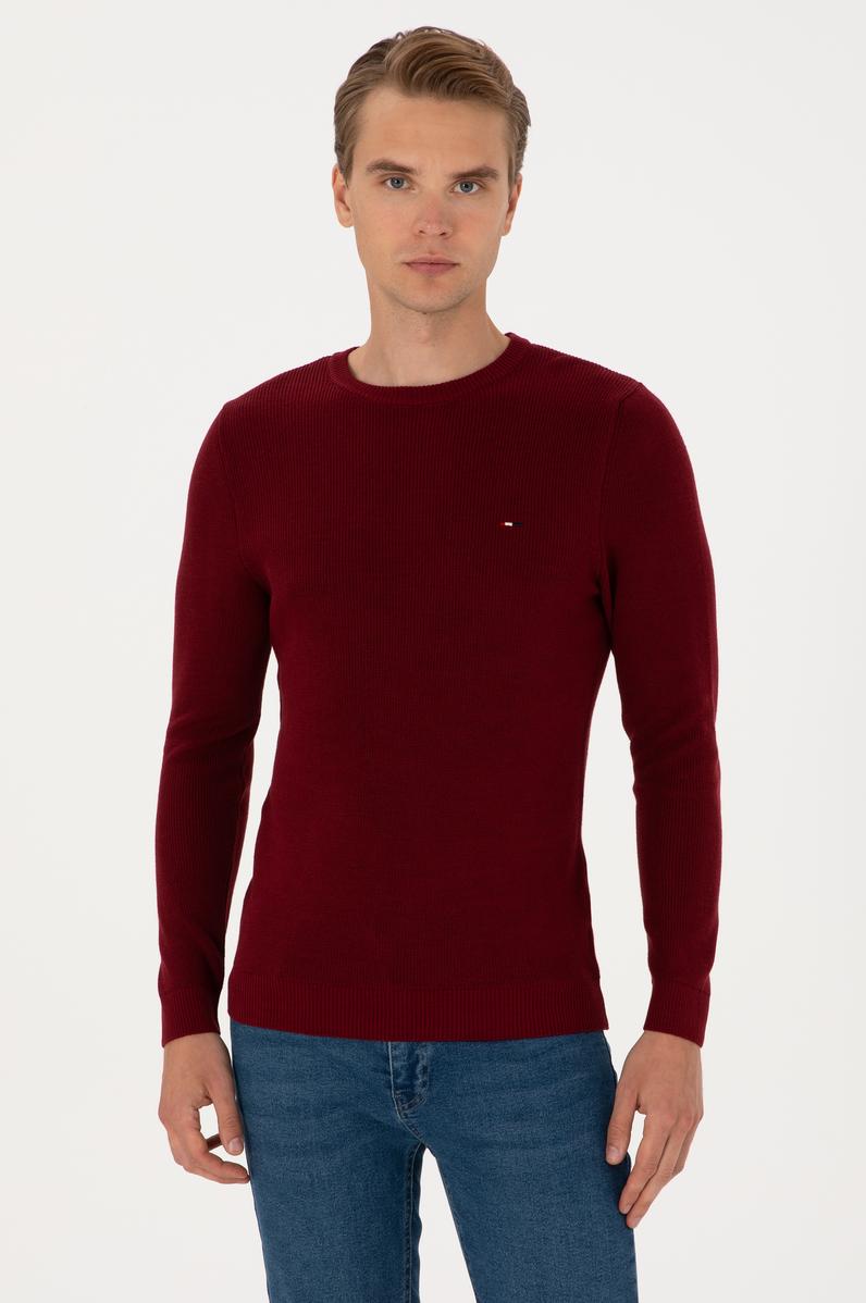 Erkek Slim Fit Bisiklet Yaka Bordo Basic Kazak