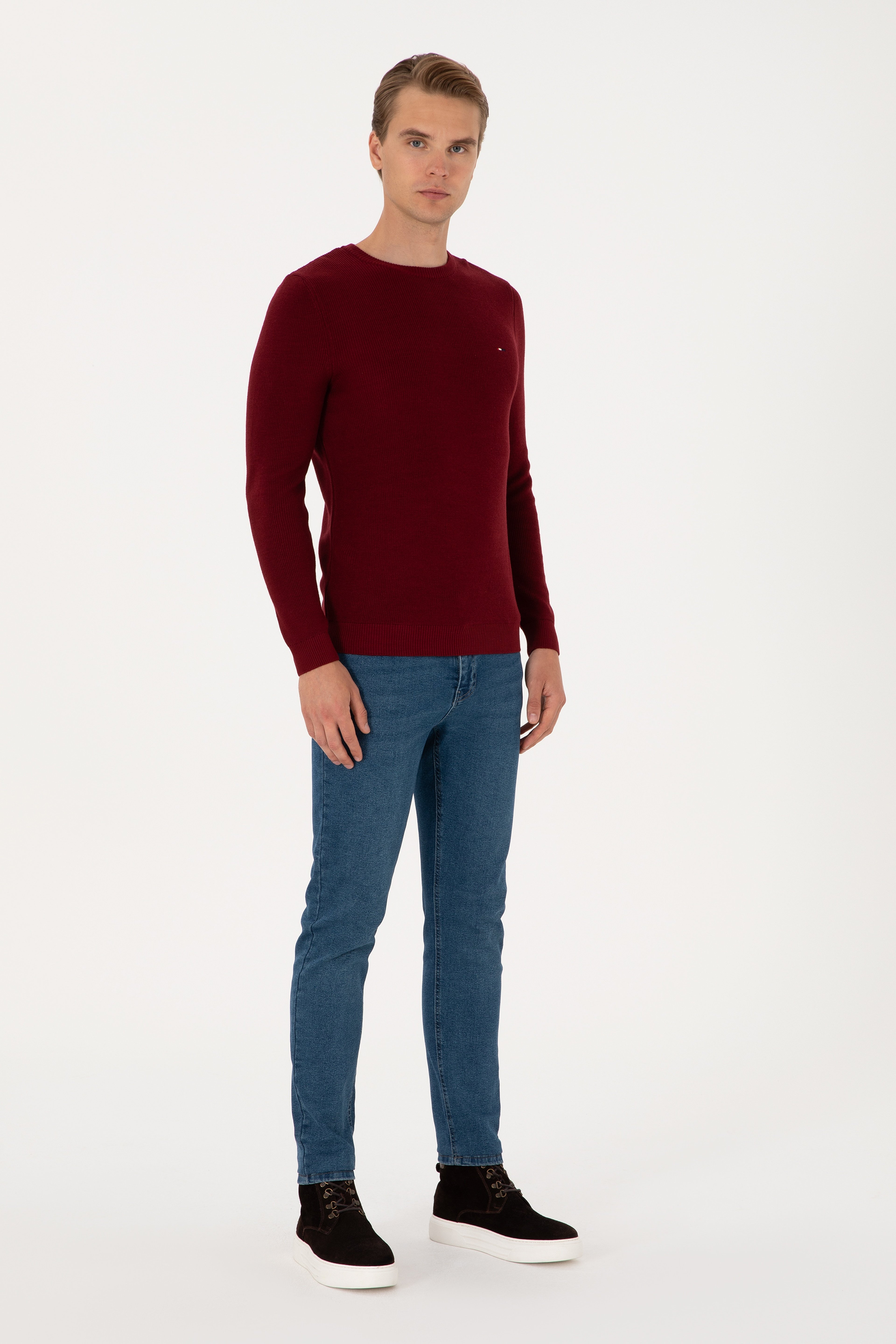 Erkek Slim Fit Bisiklet Yaka Bordo Basic Kazak - Image 4