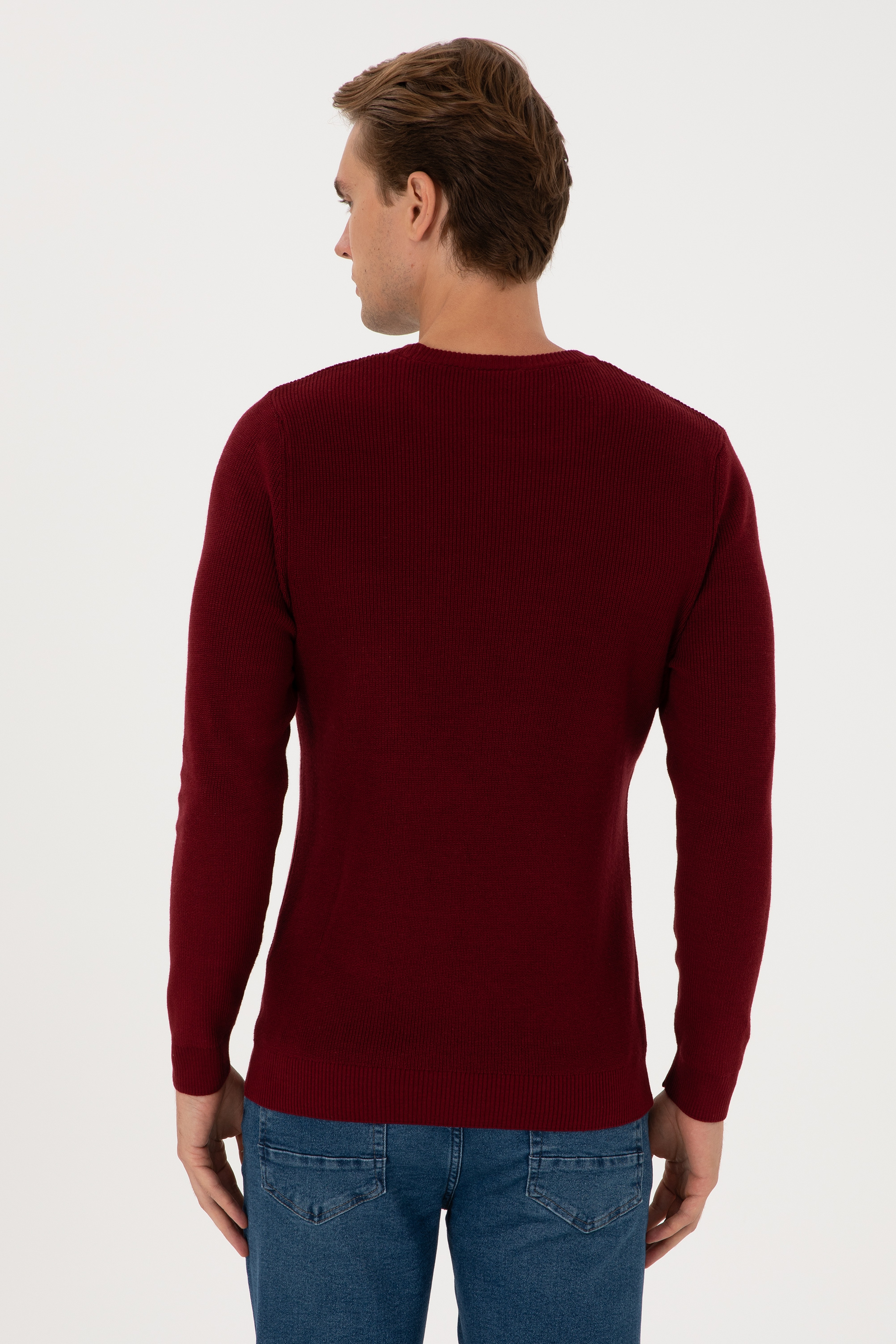 Erkek Slim Fit Bisiklet Yaka Bordo Basic Kazak