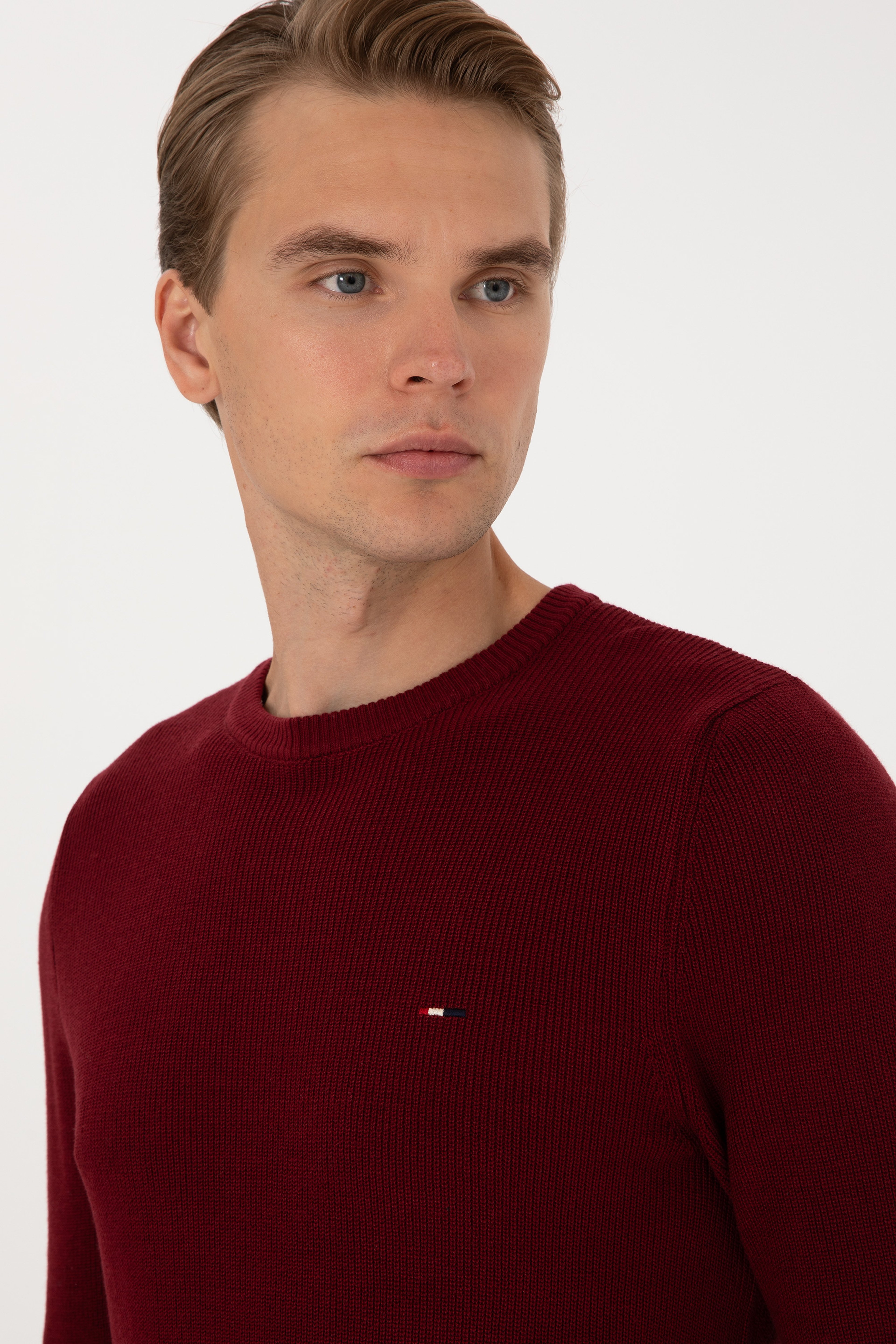 Erkek Slim Fit Bisiklet Yaka Bordo Basic Kazak - Image 2