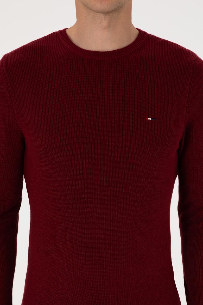 Erkek Slim Fit Bisiklet Yaka Bordo Basic Kazak - 50313667001