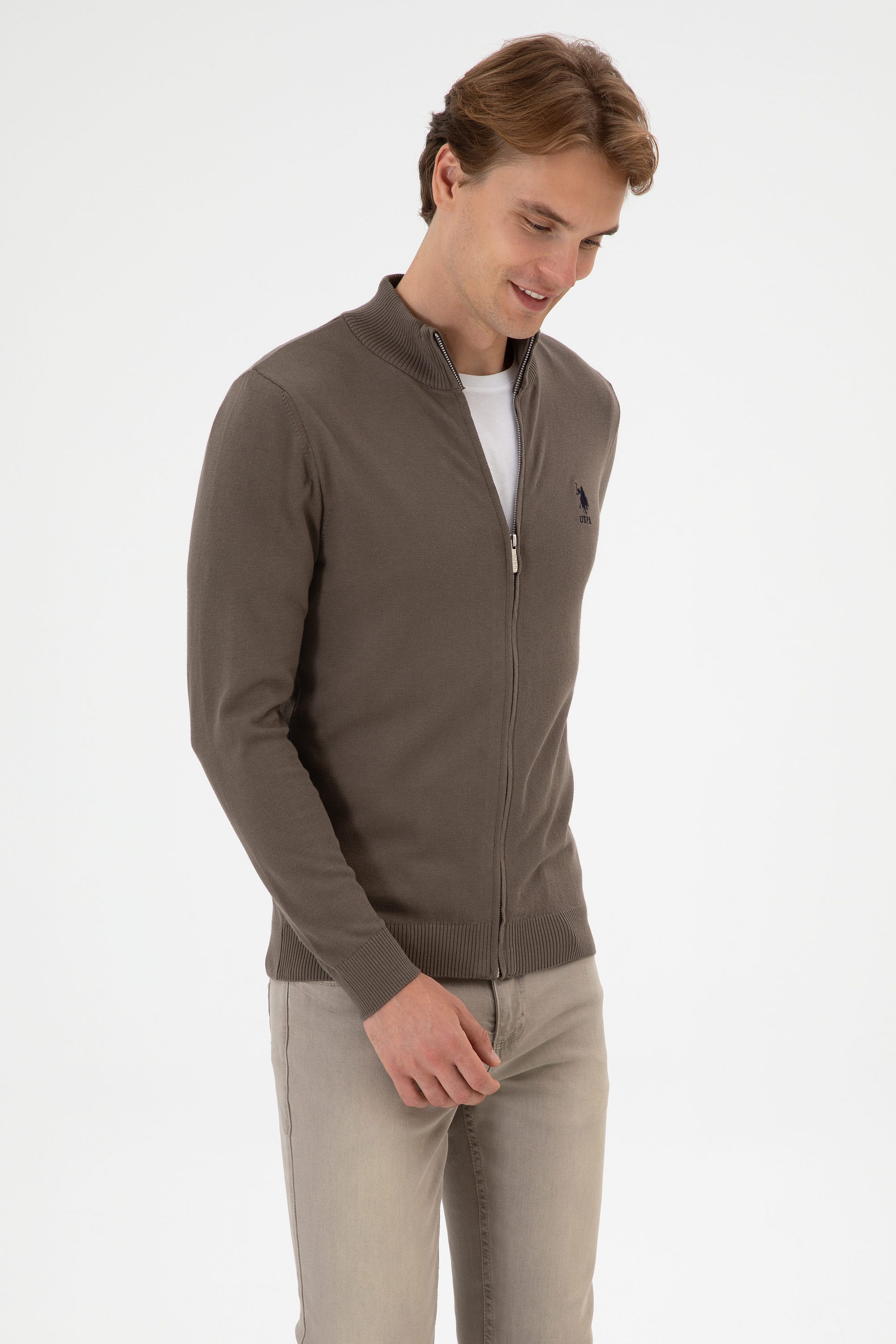 Erkek Slim Fit Vizon Triko Hırka