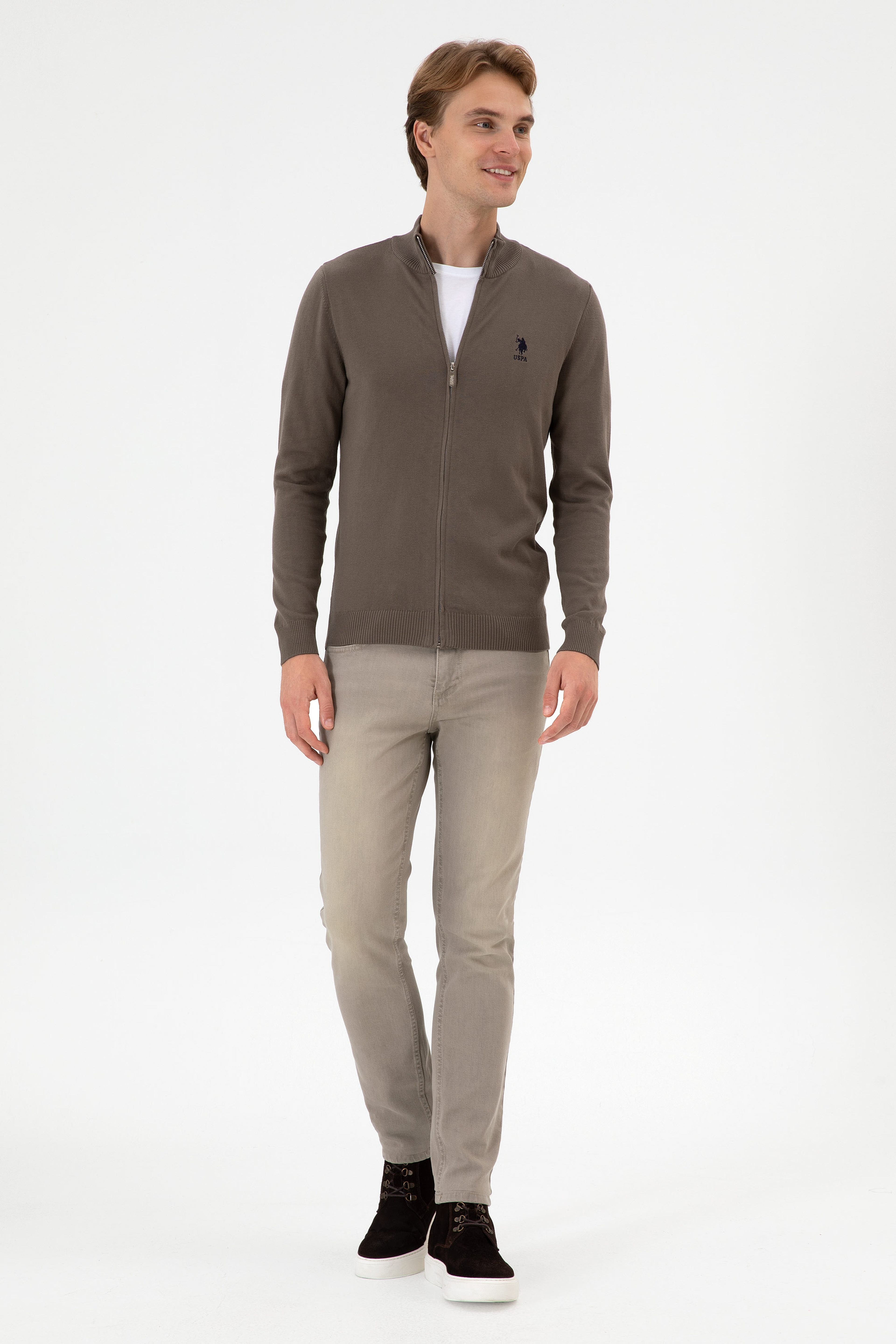 Erkek Slim Fit Vizon Triko Hırka