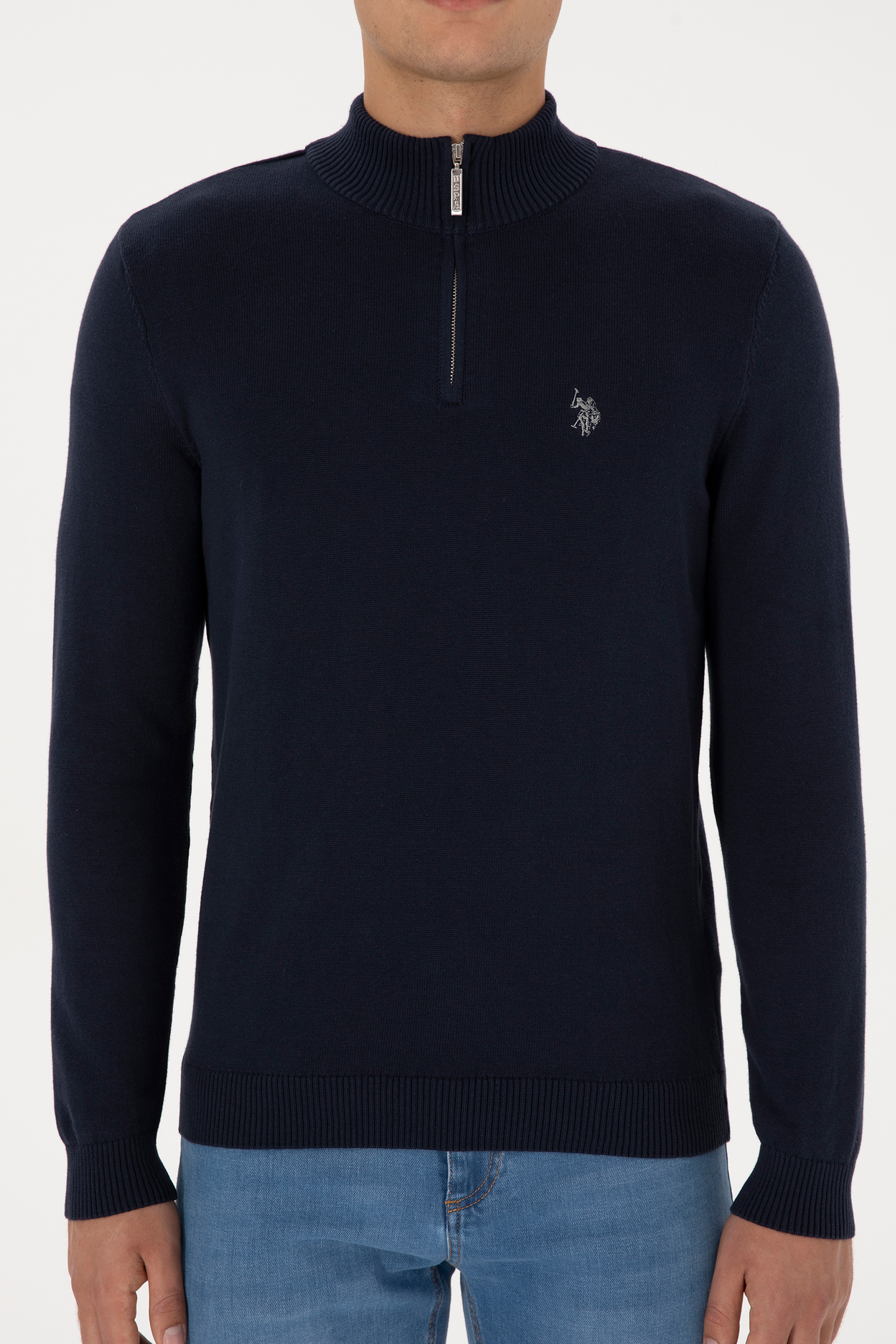 Erkek Slim Fit Yarım Fermuarlı Lacivert Basic Kazak - Image 6