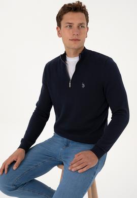 Erkek Slim Fit Yarım Fermuarlı Lacivert Basic Kazak - 50313695002