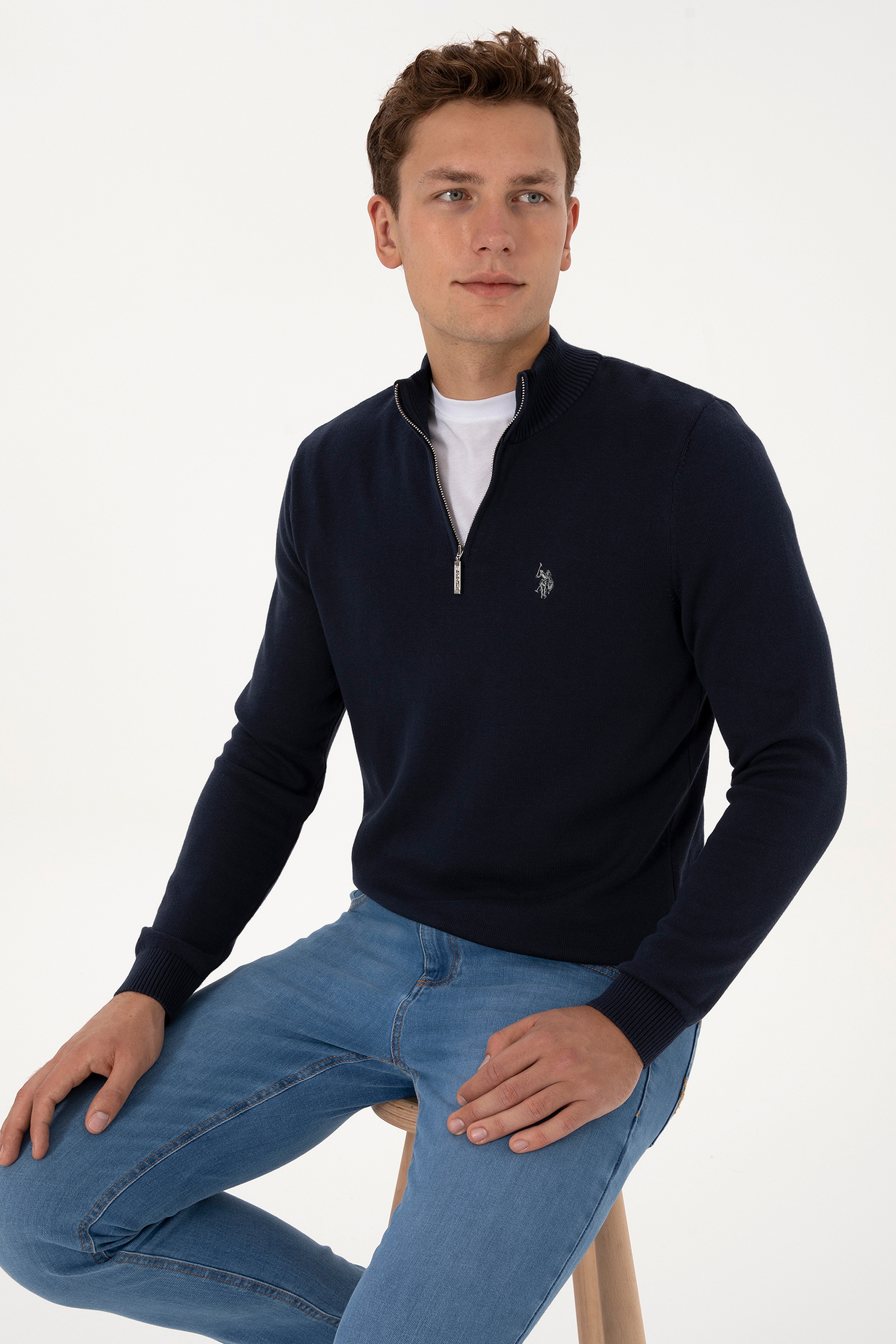 Erkek Slim Fit Yarım Fermuarlı Lacivert Basic Kazak - Image 1