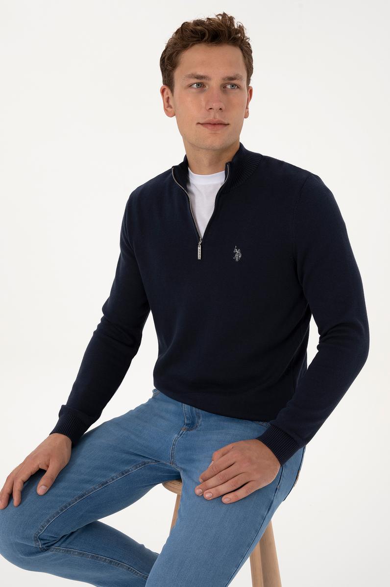 Erkek Slim Fit Yarım Fermuarlı Lacivert Basic Kazak