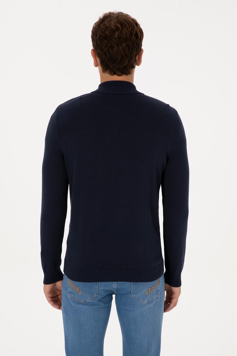 Erkek Slim Fit Yarım Fermuarlı Lacivert Basic Kazak - 50313695002