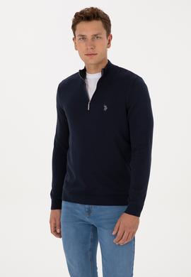 Erkek Slim Fit Yarım Fermuarlı Lacivert Basic Kazak - 50313695002