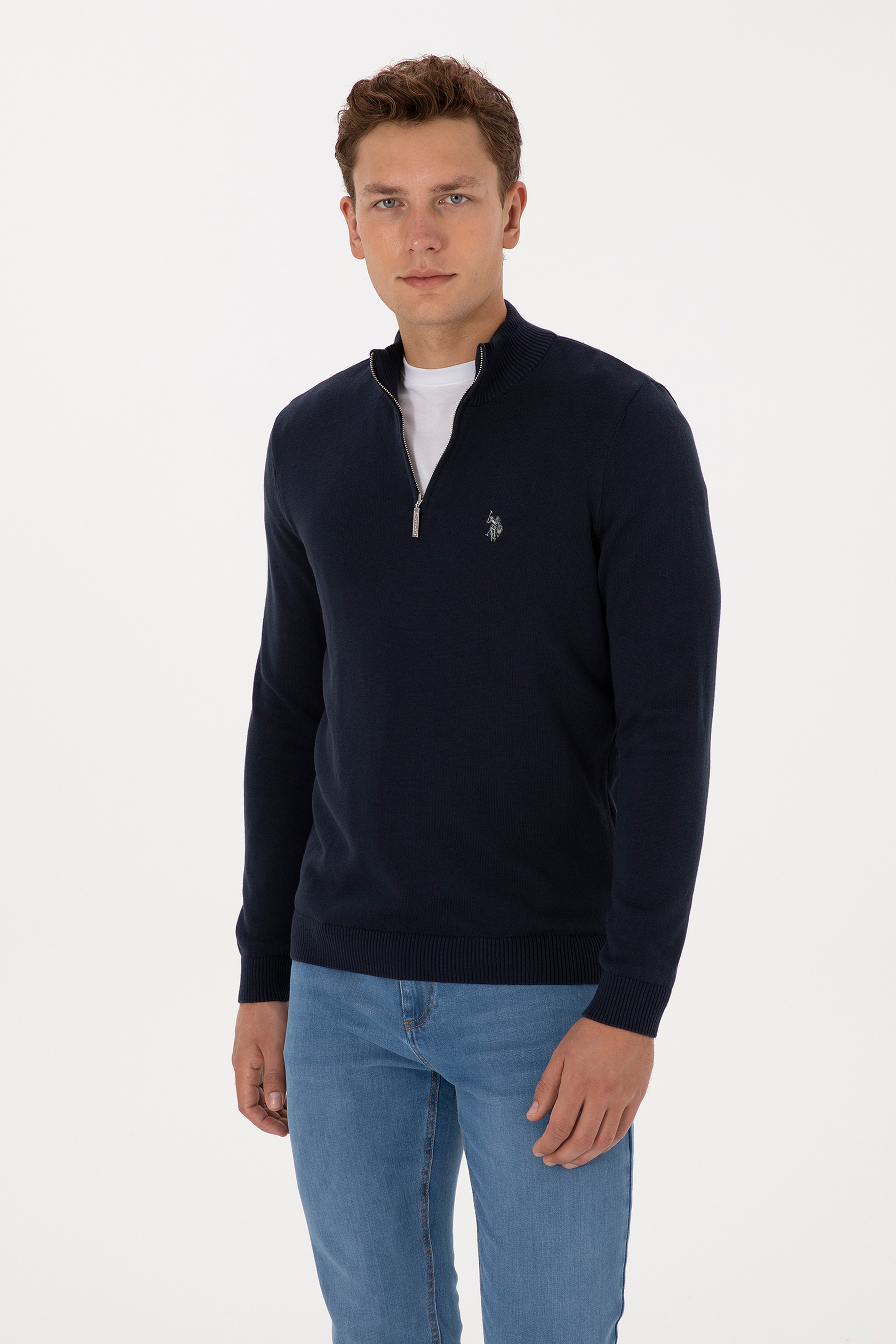 Erkek Slim Fit Yarım Fermuarlı Lacivert Basic Kazak - Image 3