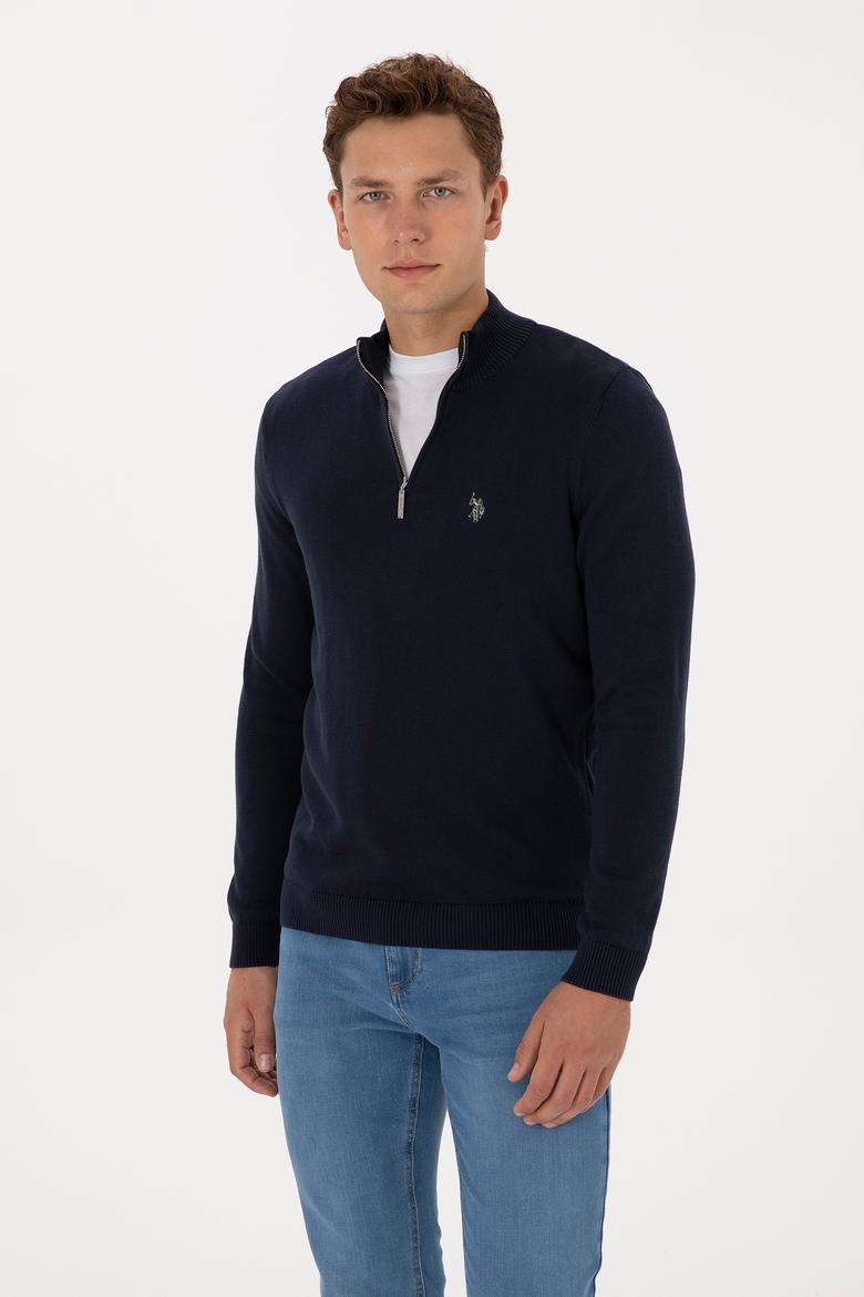 Erkek Slim Fit Yarım Fermuarlı Lacivert Basic Kazak - 50313695002