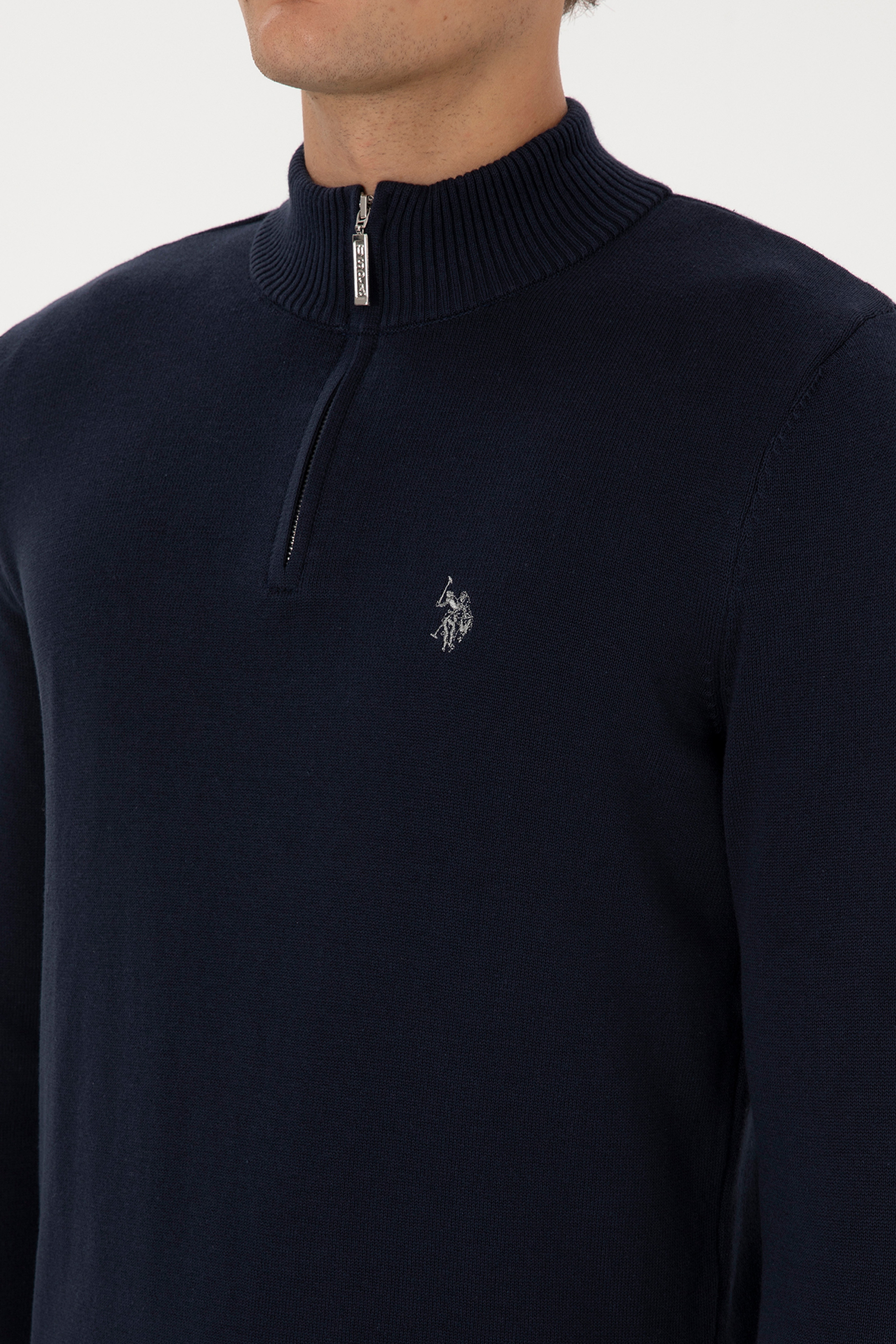 Erkek Slim Fit Yarım Fermuarlı Lacivert Basic Kazak - Image 7