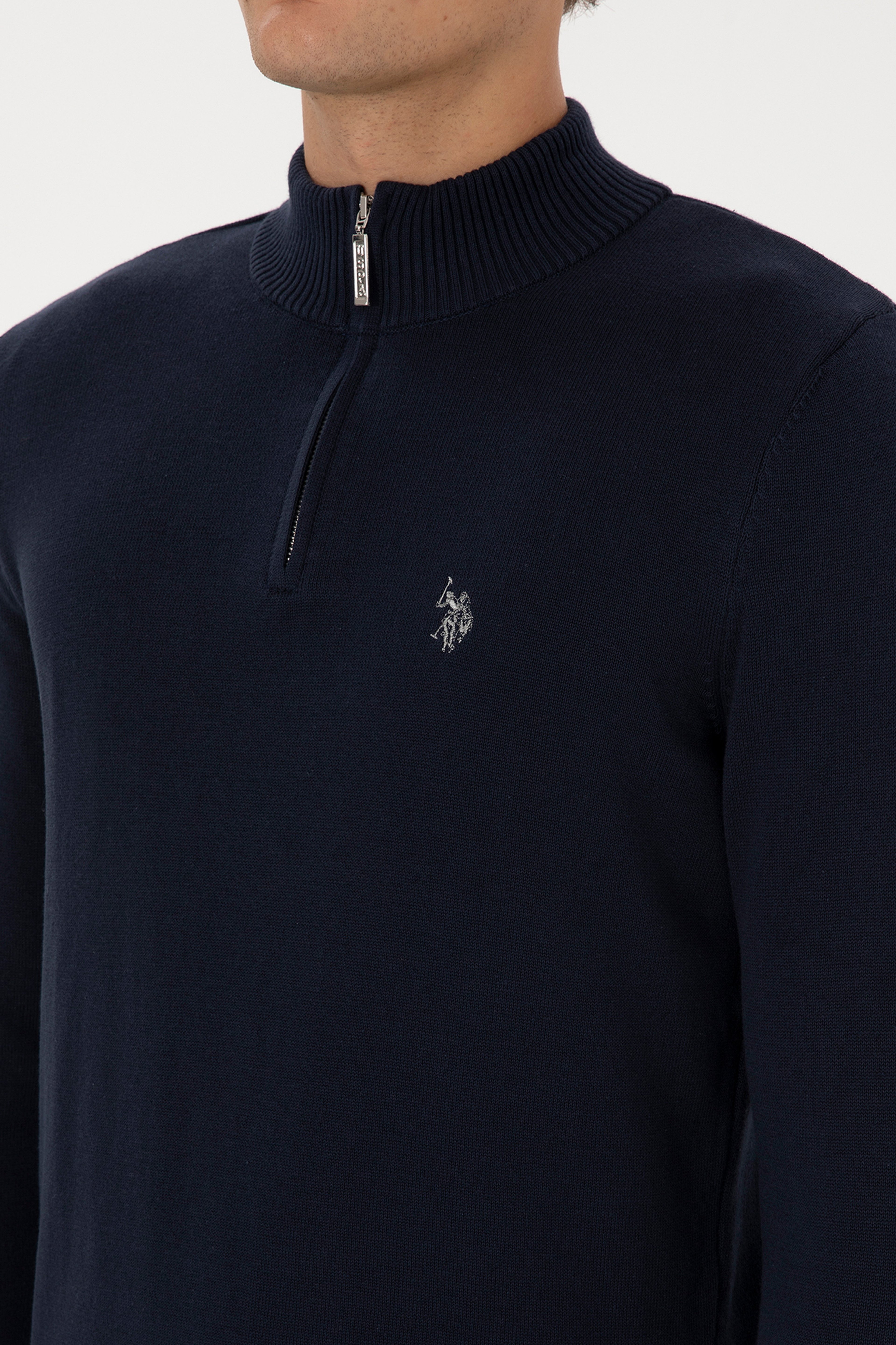 Erkek Slim Fit Yarım Fermuarlı Lacivert Basic Kazak