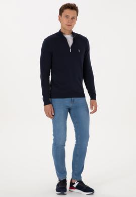 Erkek Slim Fit Yarım Fermuarlı Lacivert Basic Kazak - 50313695002