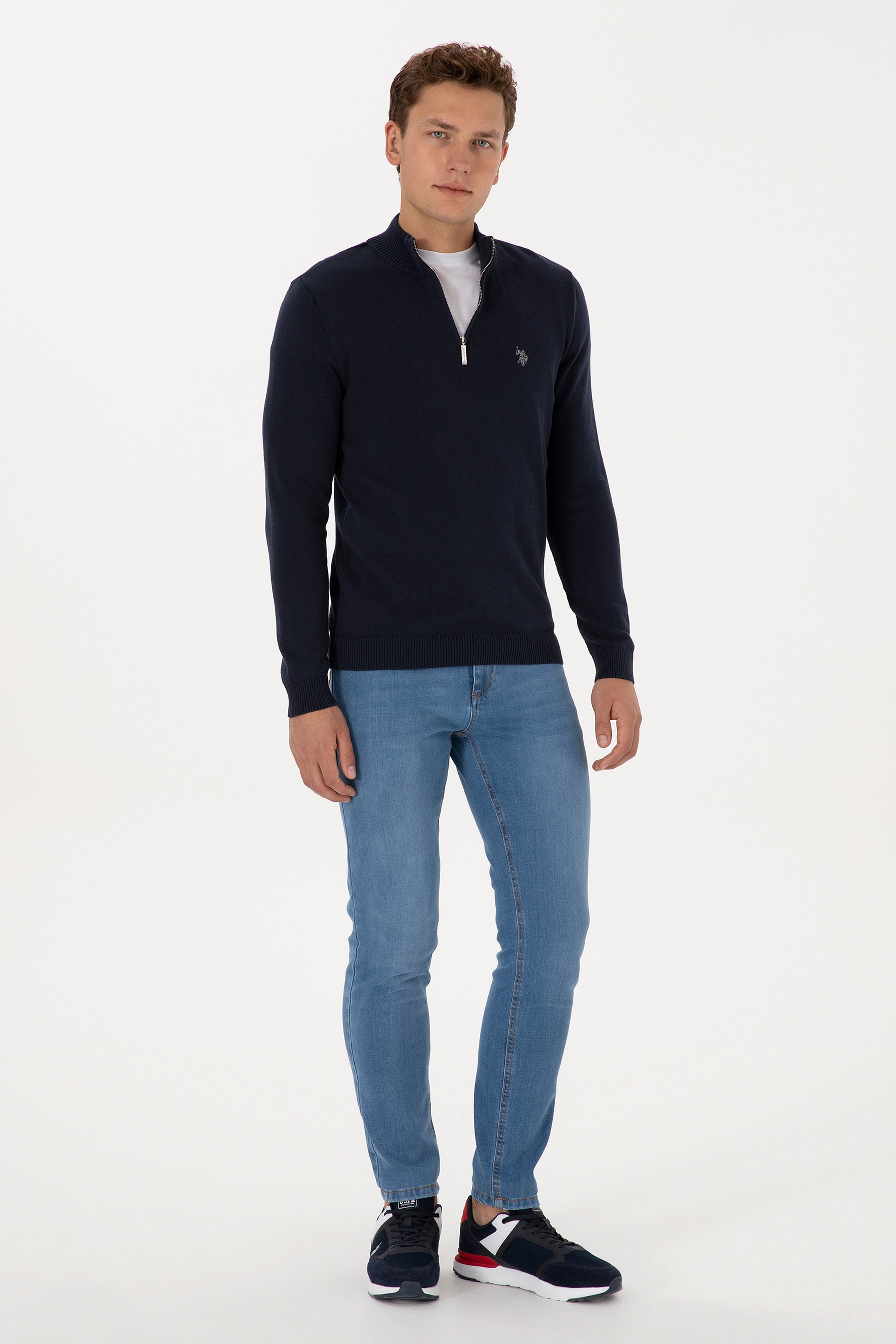 Erkek Slim Fit Yarım Fermuarlı Lacivert Basic Kazak - Image 4