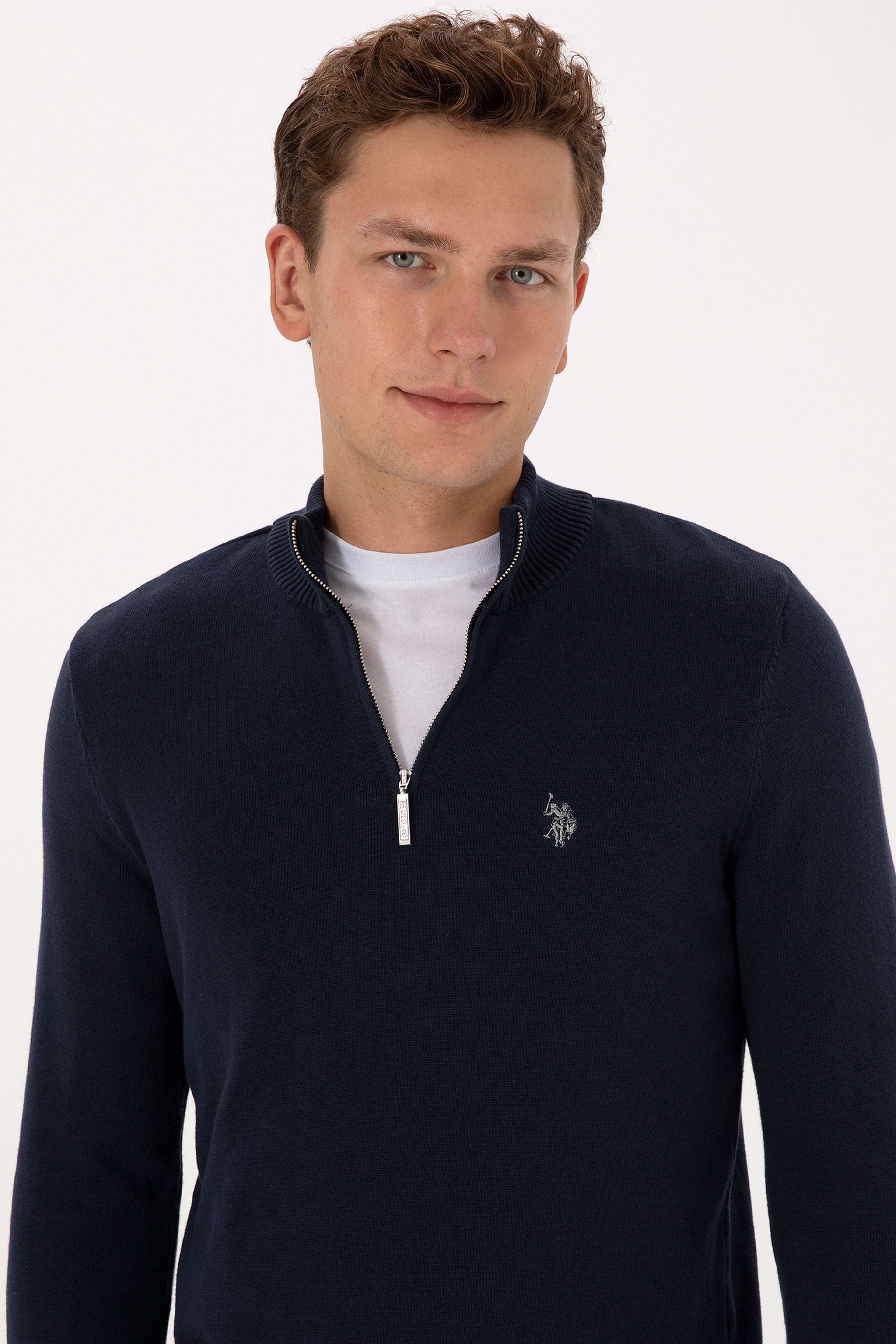 Erkek Slim Fit Yarım Fermuarlı Lacivert Basic Kazak - Image 2