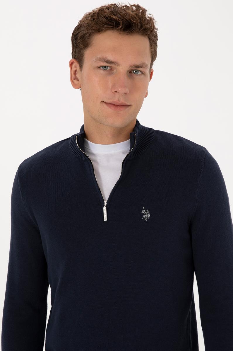 Erkek Slim Fit Yarım Fermuarlı Lacivert Basic Kazak