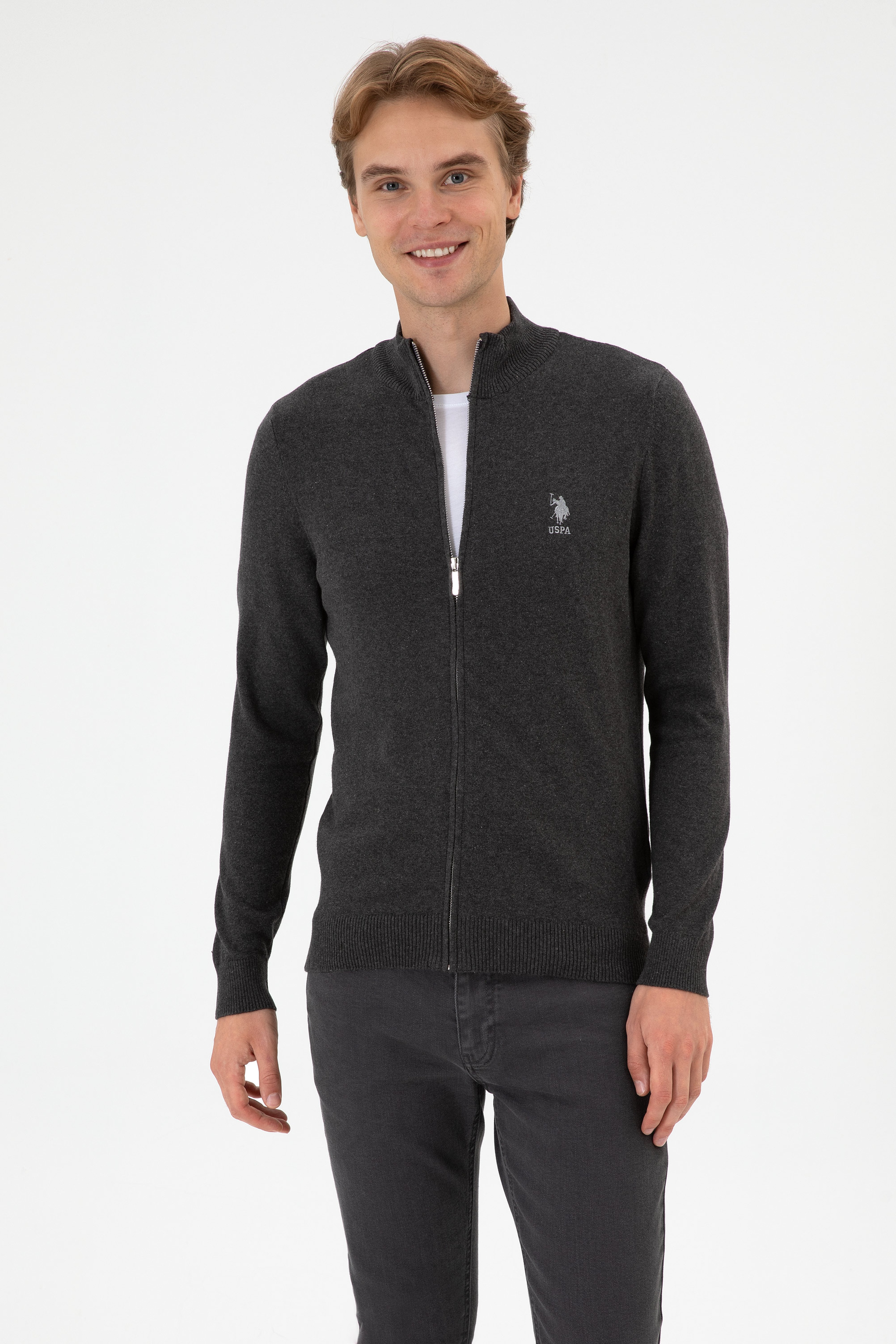 Erkek Slim Fit Antrasit Melanj Triko Hırka