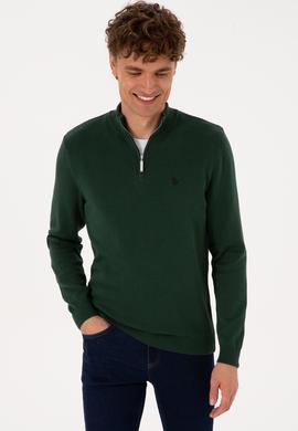 Erkek Slim Fit Yarım Fermuarlı Koyu Yeşil Basic Kazak - 50313695110