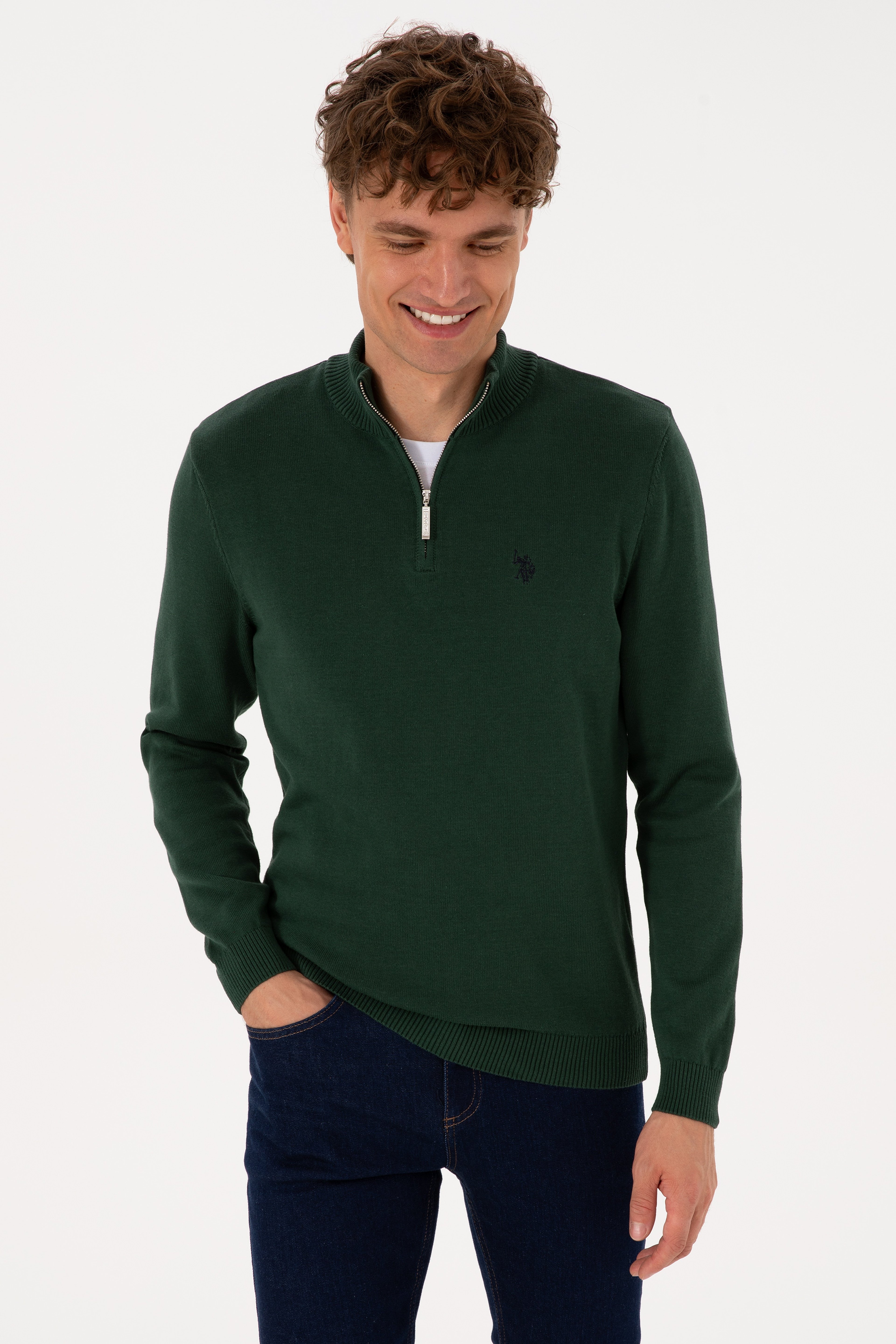 Erkek Slim Fit Yarım Fermuarlı Koyu Yeşil Basic Kazak