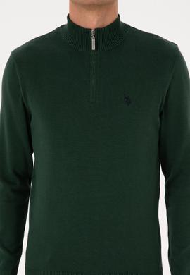 Erkek Slim Fit Yarım Fermuarlı Koyu Yeşil Basic Kazak - 50313695110