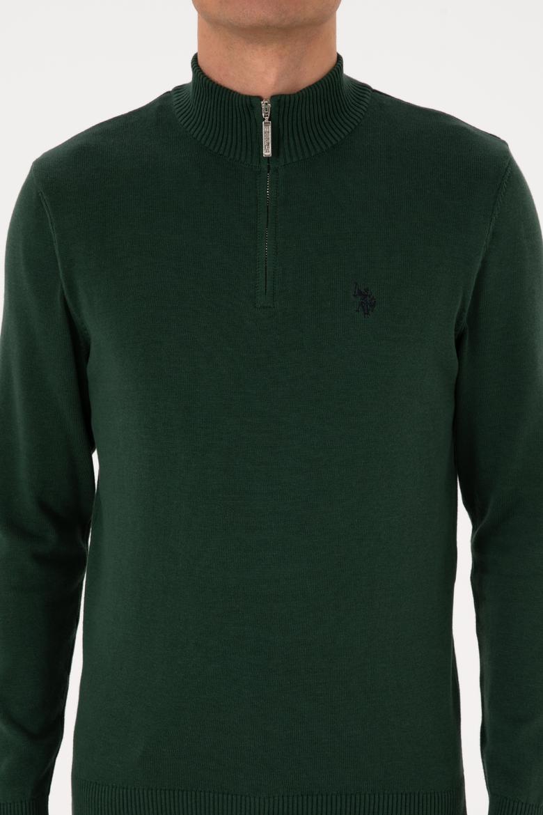 Erkek Slim Fit Yarım Fermuarlı Koyu Yeşil Basic Kazak - 50313695110