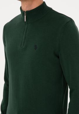 Erkek Slim Fit Yarım Fermuarlı Koyu Yeşil Basic Kazak - 50313695110