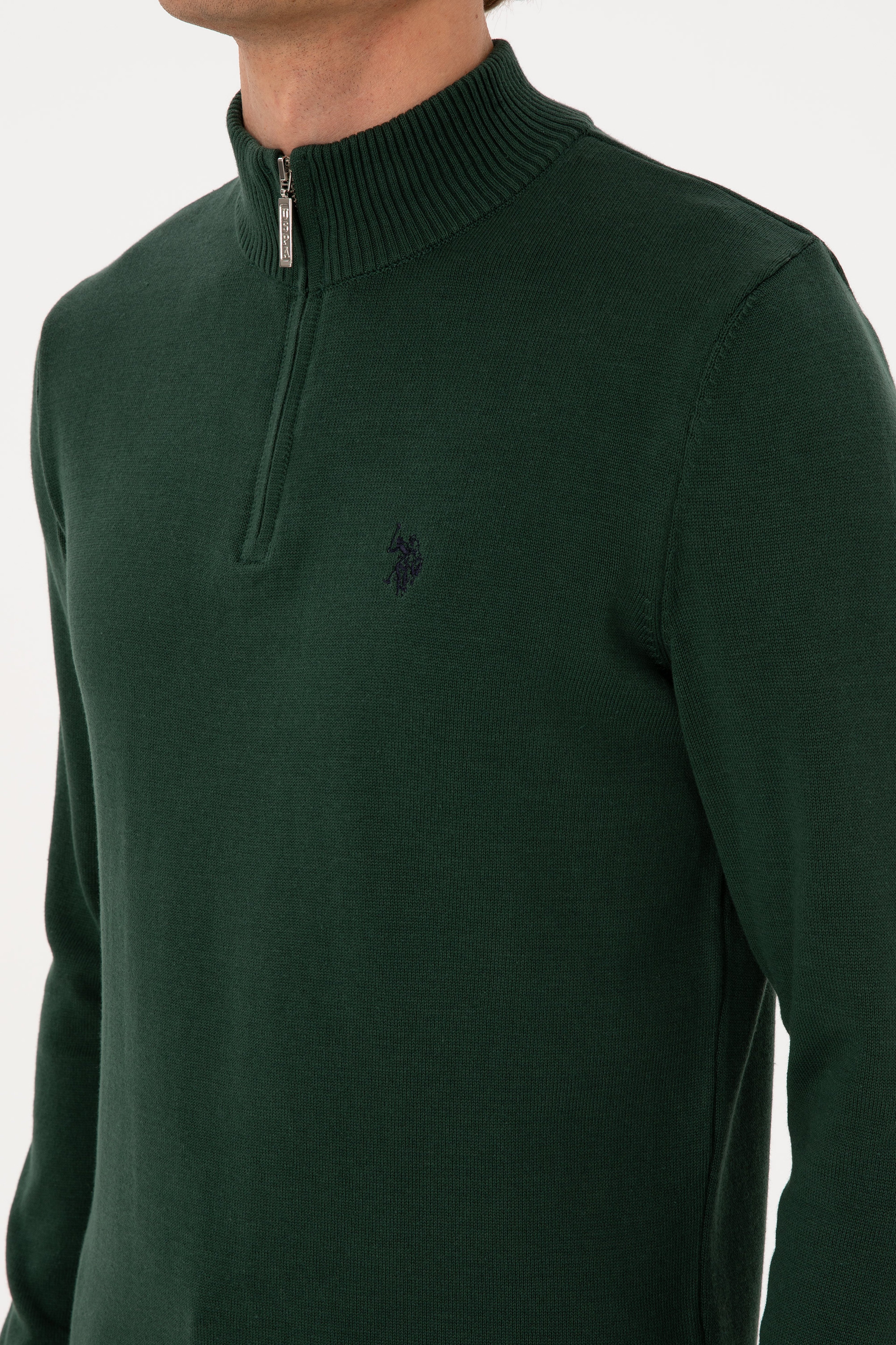 Erkek Slim Fit Yarım Fermuarlı Koyu Yeşil Basic Kazak