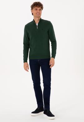 Erkek Slim Fit Yarım Fermuarlı Koyu Yeşil Basic Kazak - 50313695110