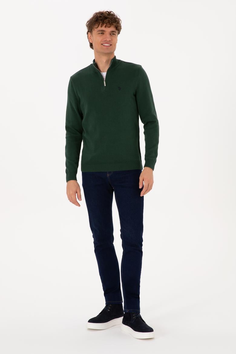 Erkek Slim Fit Yarım Fermuarlı Koyu Yeşil Basic Kazak - 50313695110