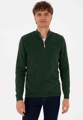 Erkek Slim Fit Yarım Fermuarlı Koyu Yeşil Basic Kazak - 50313695110